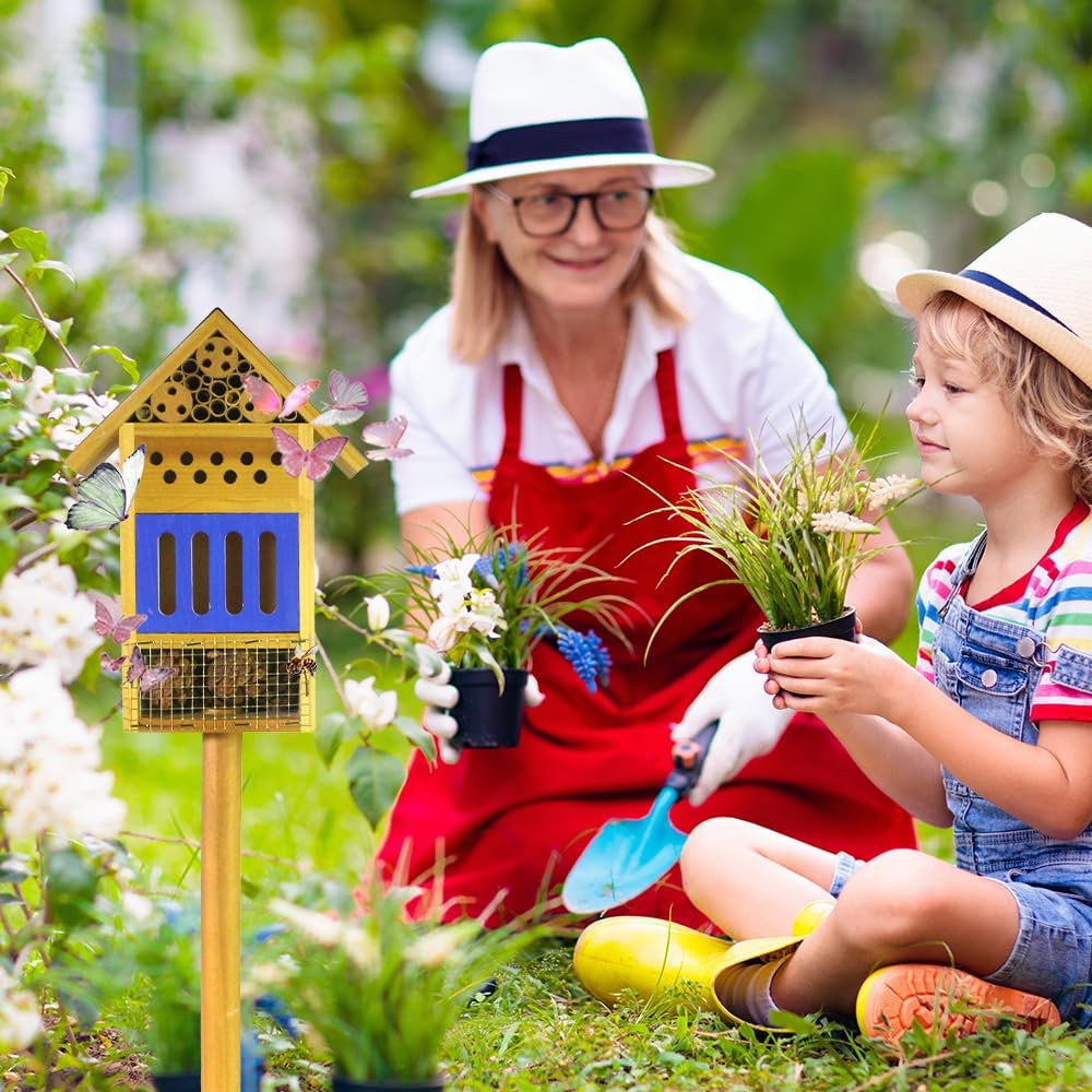Wooden Butterfly House & Bee House for The Garden, Durable Bug Hotel W/Wooden Stake and Iron Roof, Insect Habitat On The Ground Or Hanging On The Tree, for Butterfly, Bee, Ladybug, Bug