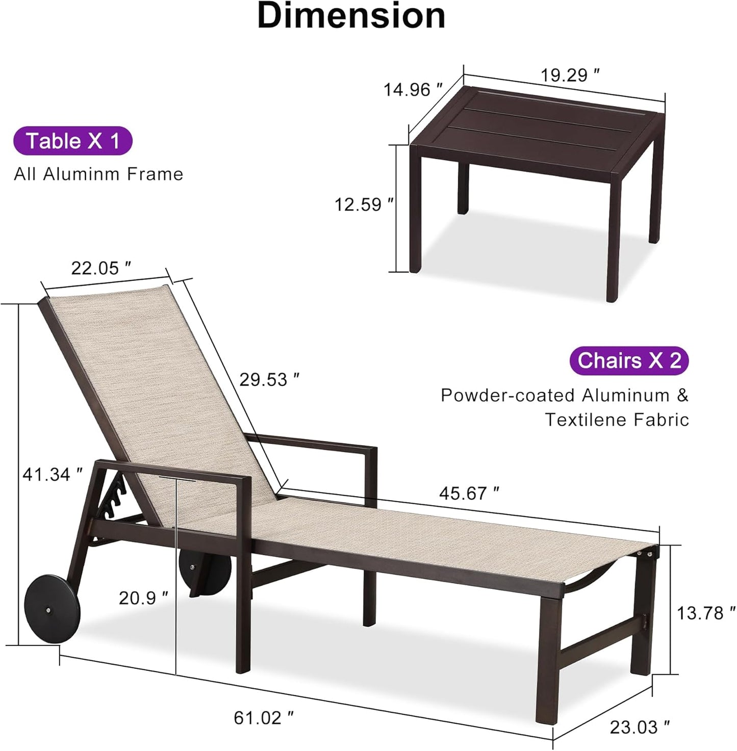 PURPLE LEAF Pool Lounge Chairs Set of 3 Aluminum Outdoor Lounge Chairs with Wheels and Armrests Adjustable Patio for Deck Outside Lawn Garden, Beige