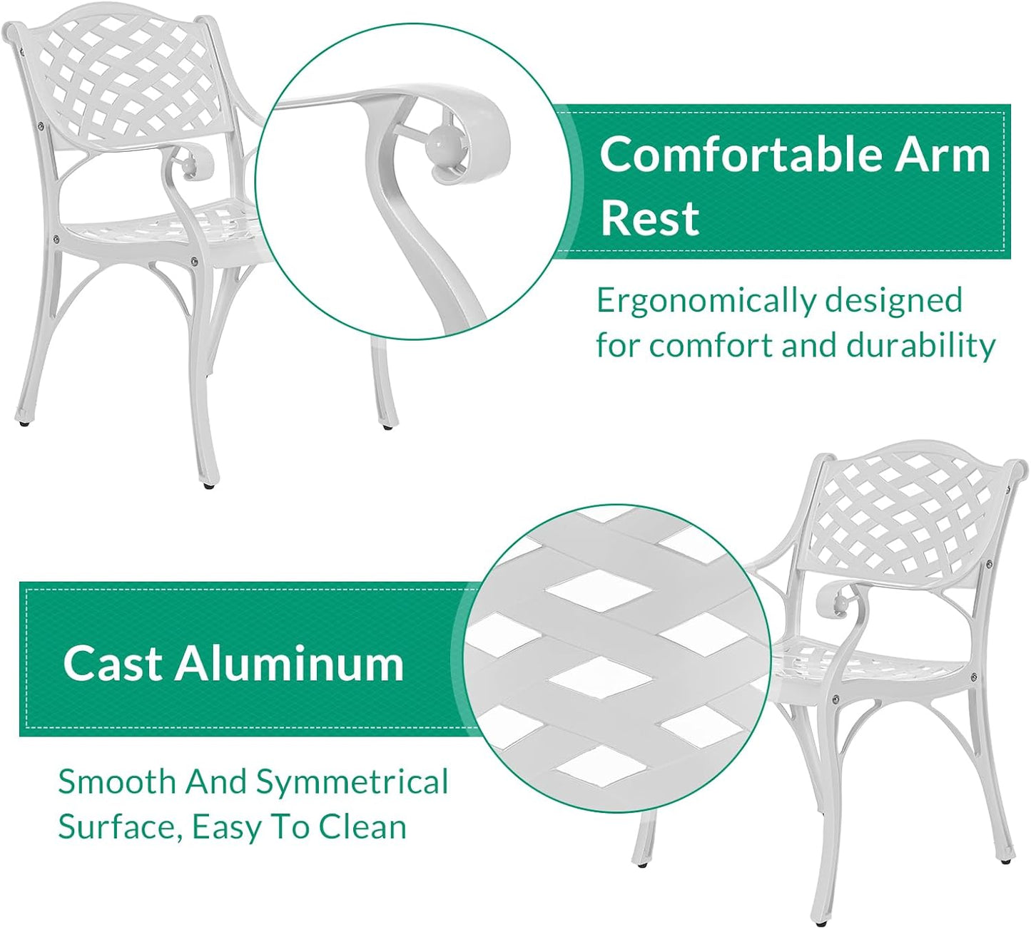 VIVIJASON 3-Piece Patio Furniture Dining Set, All-Weather Cast Aluminum Outdoor Bistro Set, Include 2 Dining Chairs and 31" Round Table w/ 2" Umbrella Hole for Balcony, Lawn, Garden, Backyard, White