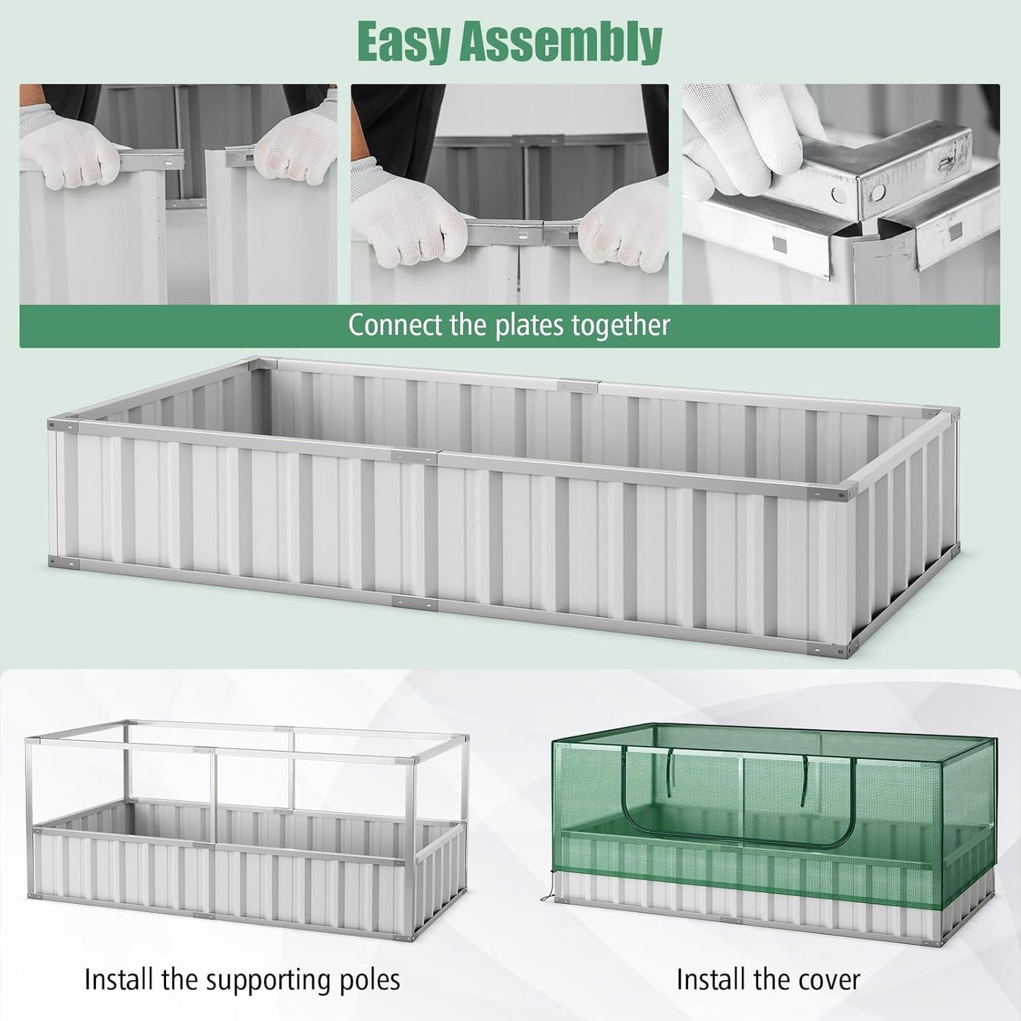 S AFSTAR Galvanized Raised Garden Bed with Greenhouse, 69” x 36” x 28” Bottomless Flower Bed w/Large Roll-up Window, 8PCS T Tags & Gloves, Outdoor Rectangular Planter Box Kit for Herb Vegetable Fruit