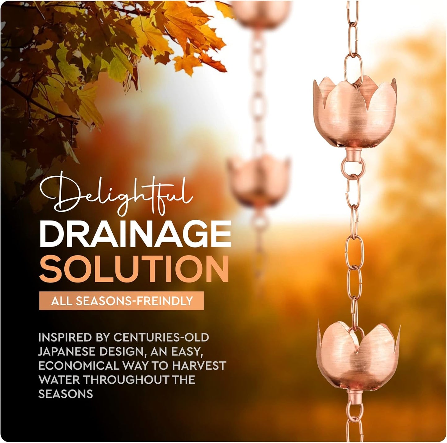 Copper Rain Chain – Decorative Chimes & Cups Replace Gutter Downspout & Divert Water Away from Home for Stunning Fountain Display – 6.5’ Long for Universal Fit – Flower Style