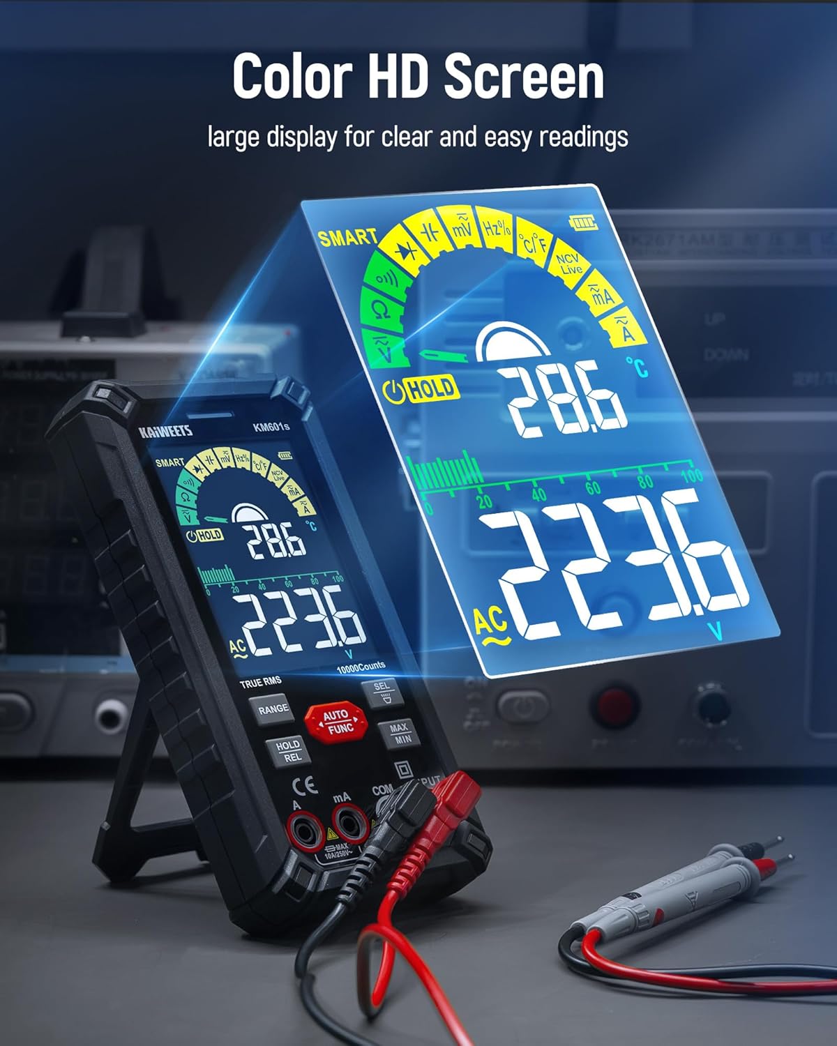 KAIWEETS Digital Multimeter 10000 Counts TRMS Auto Ranging, Rechargeable Smart Multimeter, Color LCD Screen Volt Meter, Measures Voltage, Current, Resistance, Continuity, Capacitance, Frequency