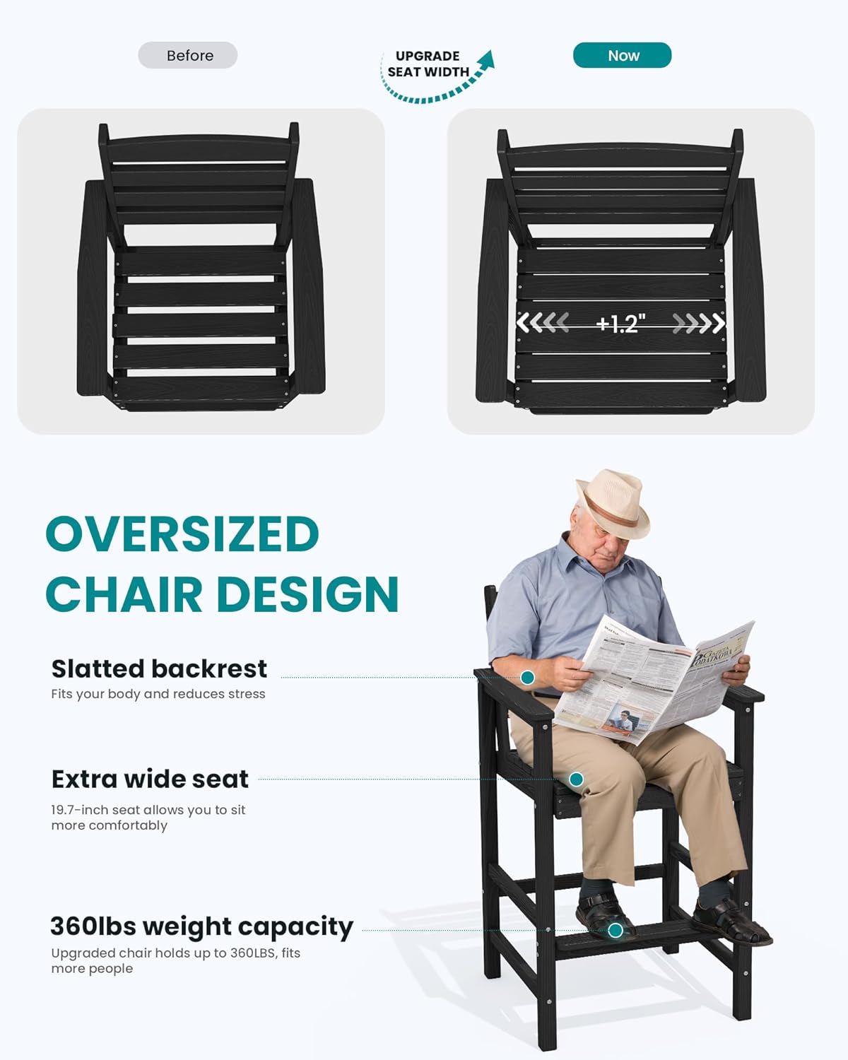 SERWALL Tall Adirondack Chairs Set of 2, Oversize Balcony Adirondack Chairs Set, Outdoor Bar Height Barstools Widened Chair Set for Bistro, Poolside, Garden, Black