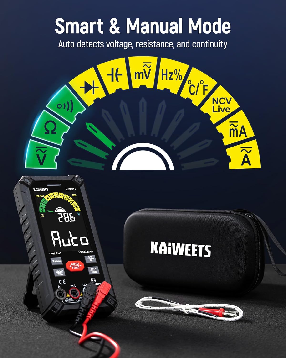 KAIWEETS Digital Multimeter 10000 Counts TRMS Auto Ranging, Rechargeable Smart Multimeter, Color LCD Screen Volt Meter, Measures Voltage, Current, Resistance, Continuity, Capacitance, Frequency