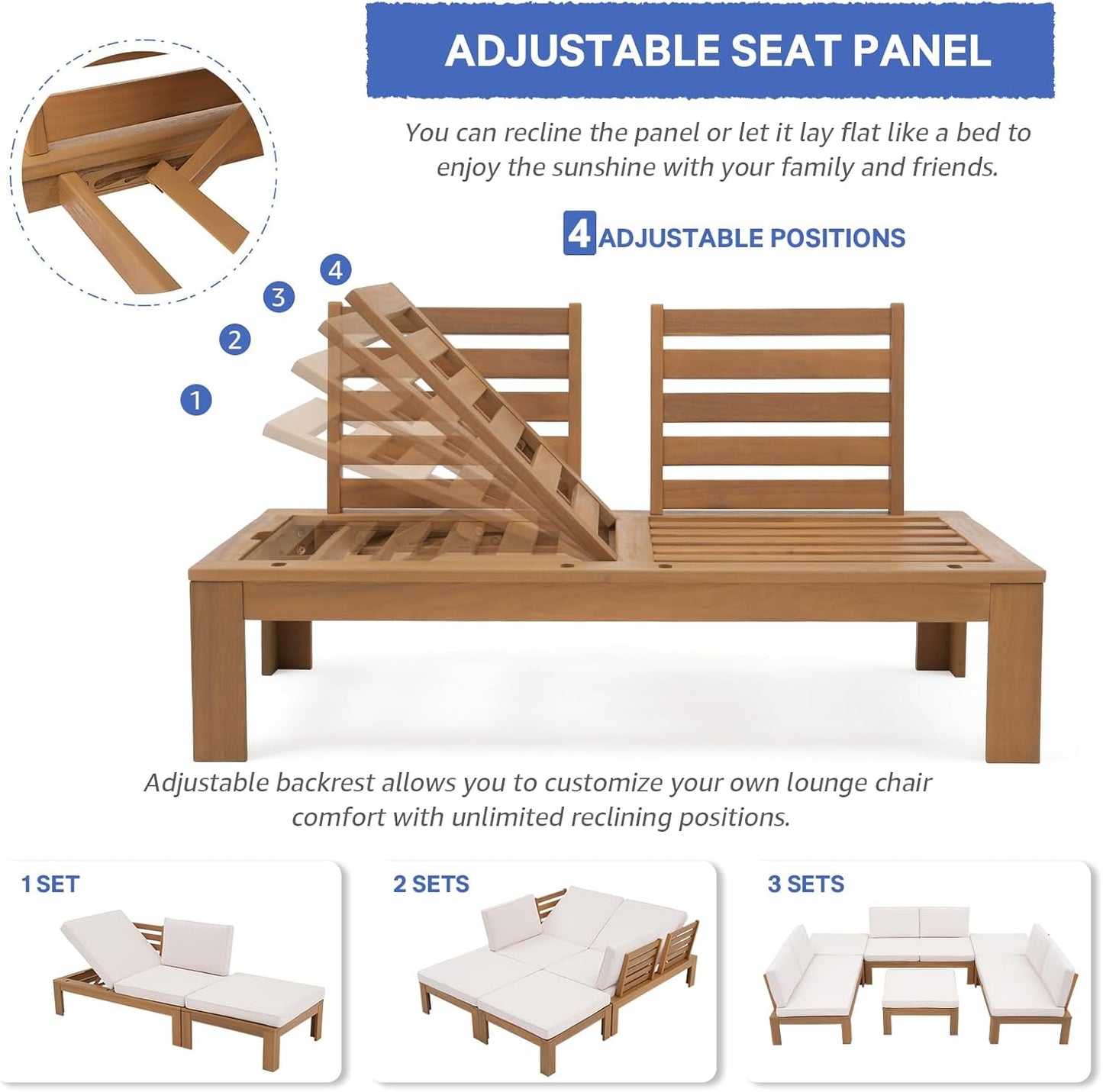 SUNSITT 2 Piece Acacia Wood Patio Furniture Outdoor Loveseat Sofa Set with Adjustable Armrest, FSC Certified L-Shaped Patio Set w/2-in-1 Coffee Table, Cream White Cushions for Garden