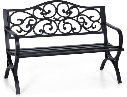 Sophia & William 50" Outdoor Garden Bench Patio Park Bench, Cast Iron Metal Frame Furniture with Floral Design Backrest for Porch Yard Lawn Deck, Black