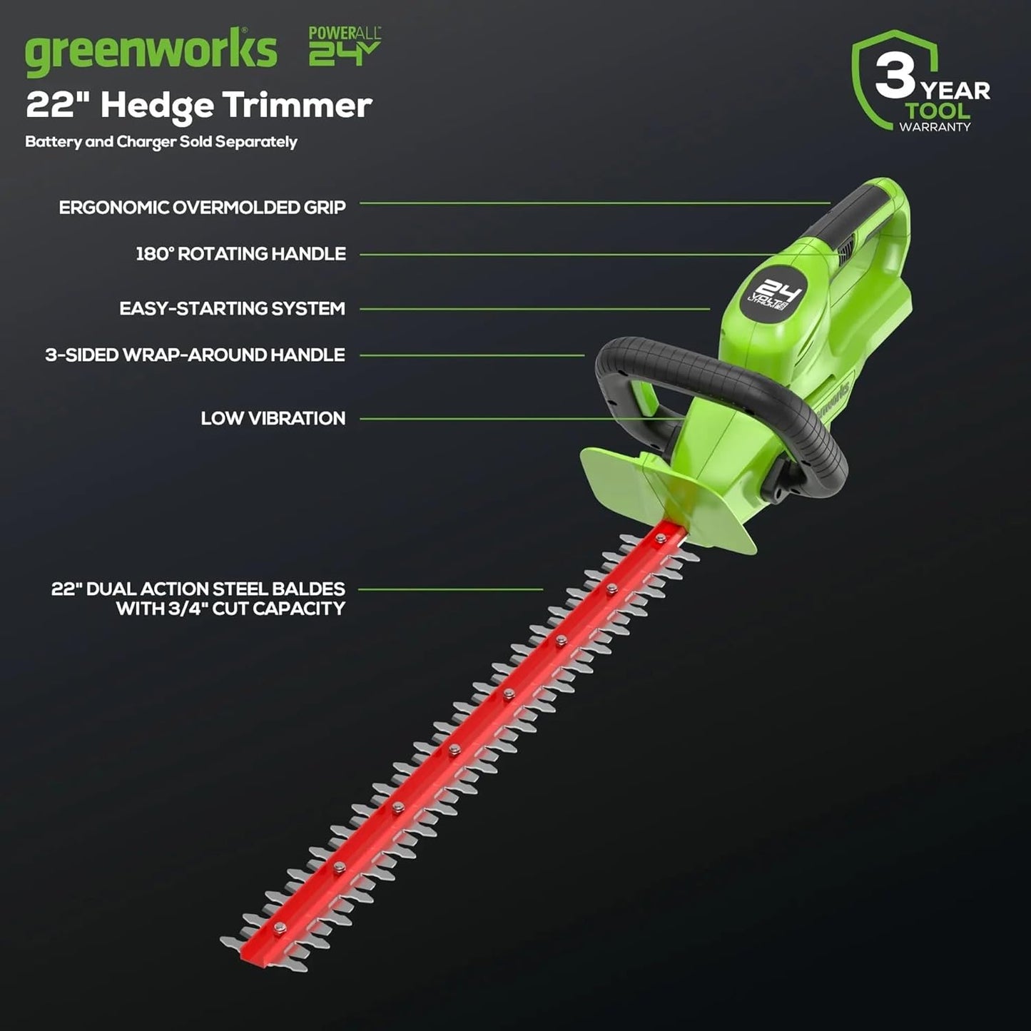 Greenworks 48V (2x24V) 5-Piece Garden Tool Set: 20" Push Mower, 12" String Trimmer, 320CFM Leaf Blower, 12" Chainsaw, 22" Hedge Trimmer - 3 Batteries, 2 Chargers, 3-Year Warranty