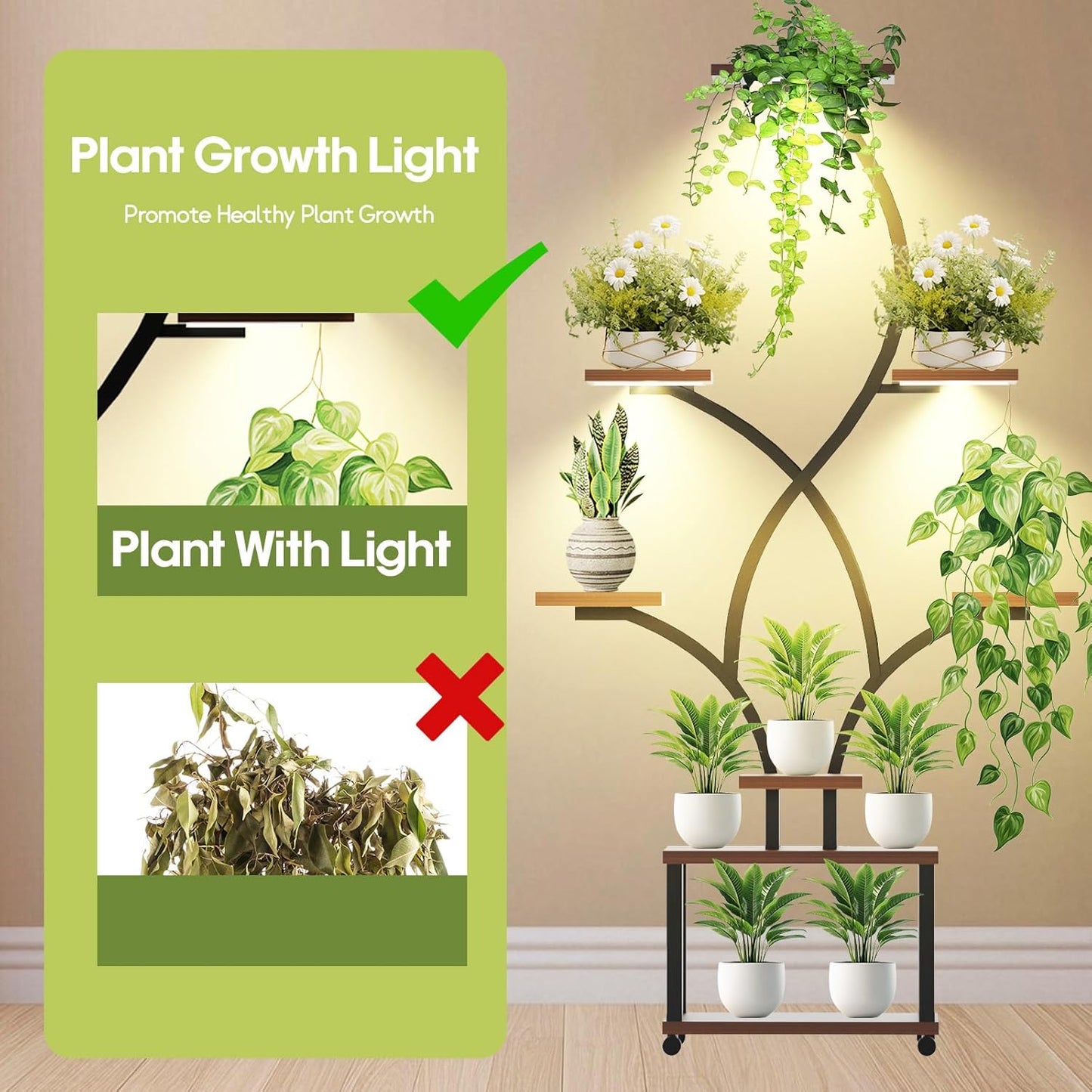 Indoor Plant Stand with Grow Lights ，Stylish S-Shaped Metal Rack for Multiple Indoor Plants ，8-Tiered Tall Plant Shelf for Home and Patio ，Perfect for Plant Lovers