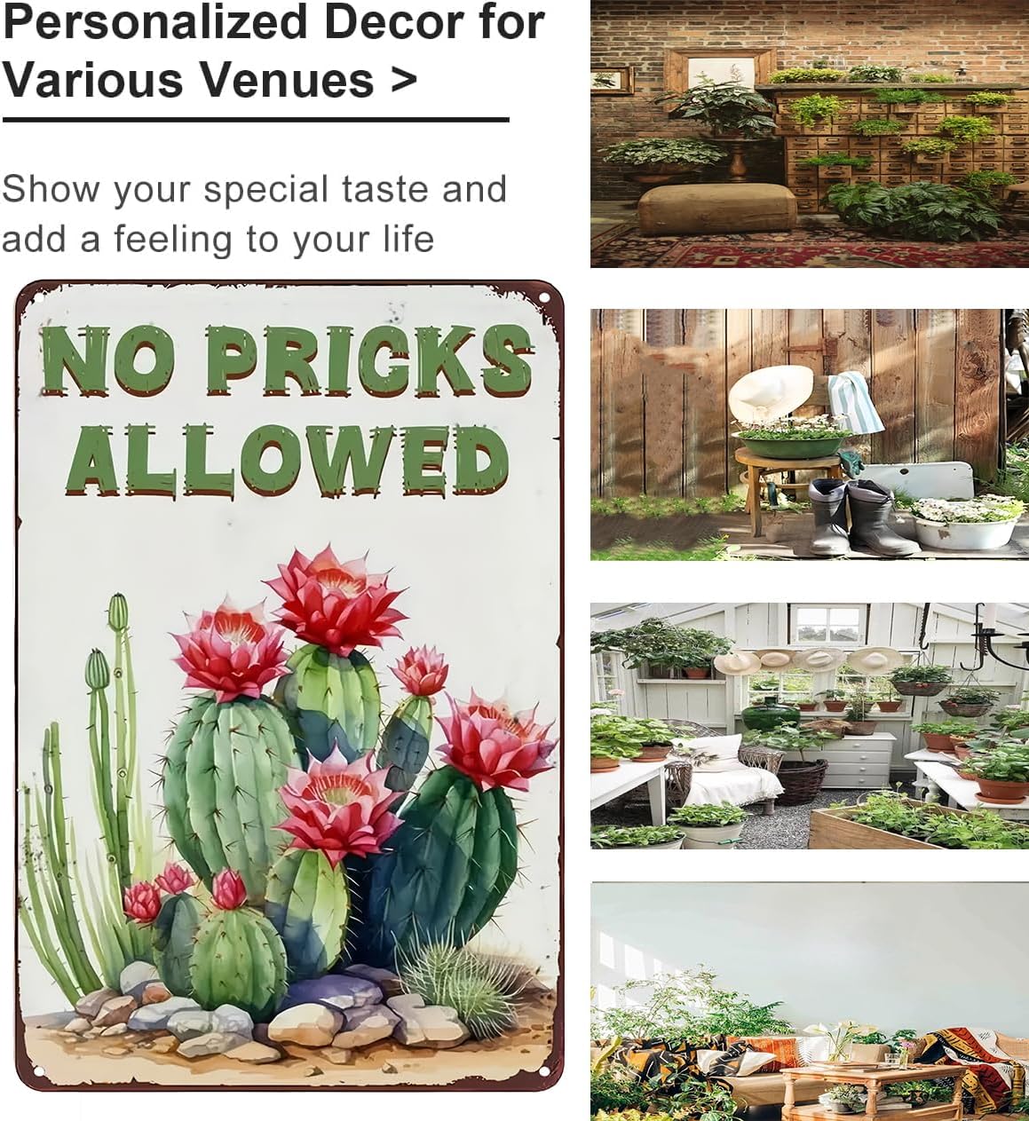 Bestylez Garden Gifts Vintage Cactus No Pricks Allowed Gardening Signs for Home Garden Greenhouse Living Room Bedroom Yard Outdoor Decor 8X12 Inch (3365)