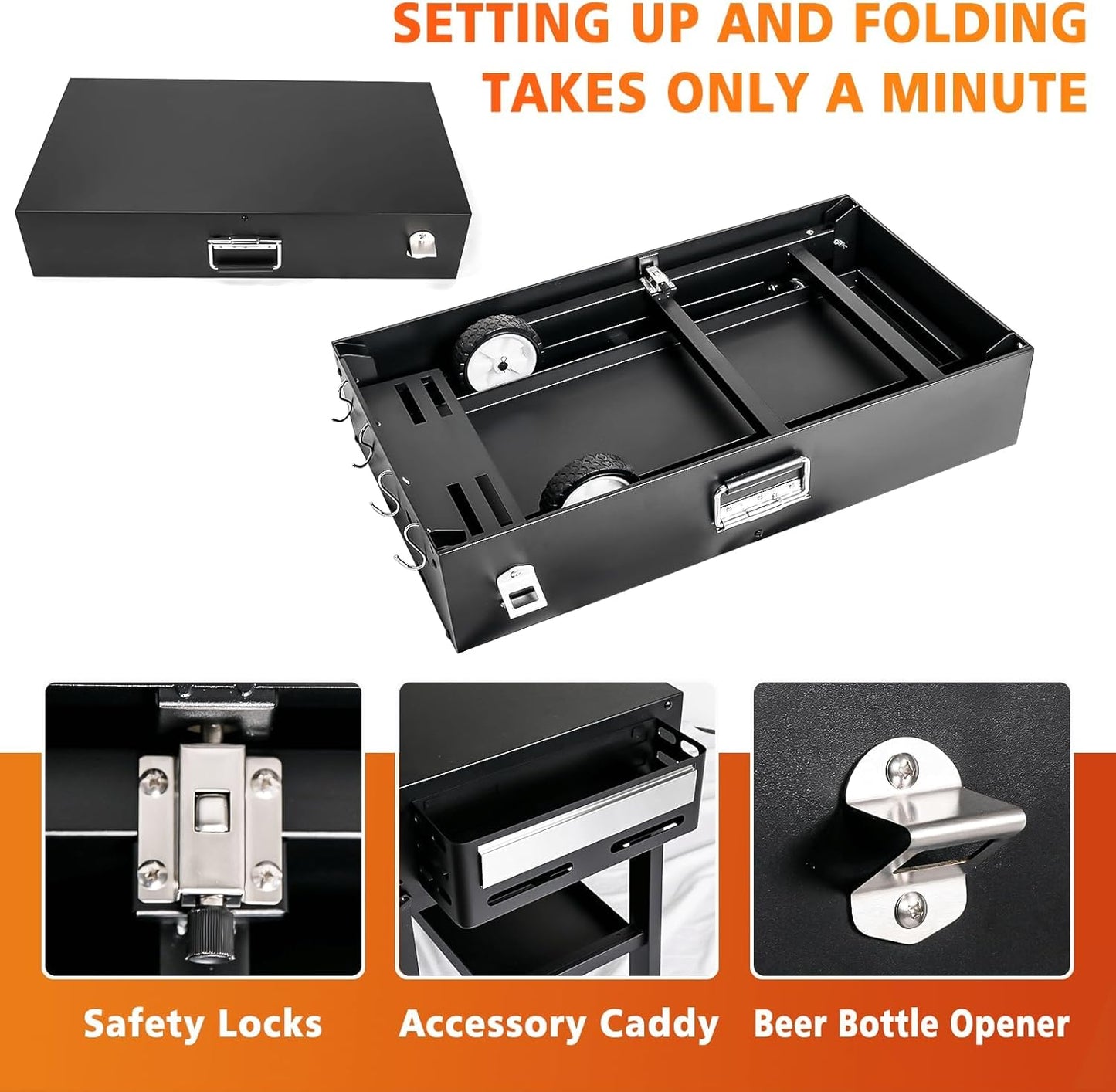 Foldable Grill Table Cart for Ninja Woodfire OG700, Blackstone Portable Griddle, Weber, Ooni Pizza Oven – Portable Outdoor BBQ Prep Stand with Caddy, Ideal for Camping and Tailgating