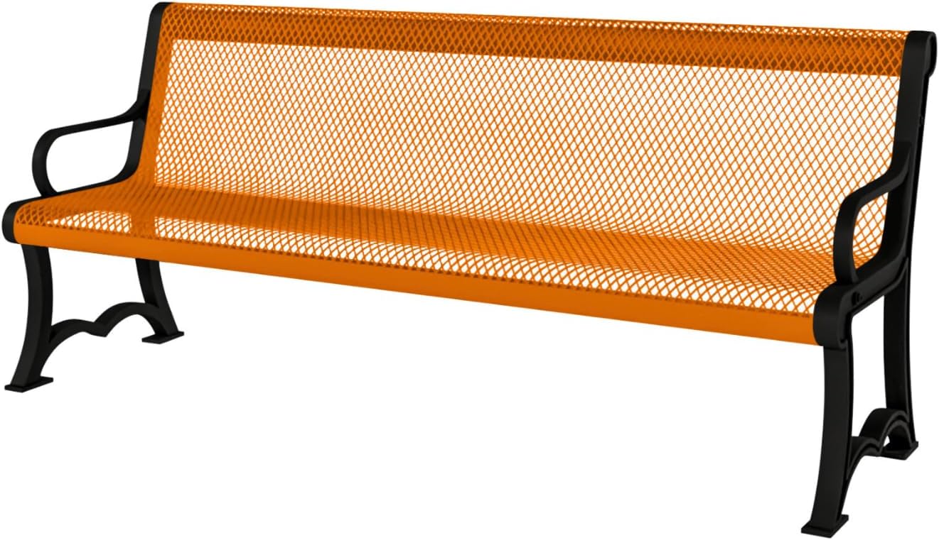 Coated Outdoor Furniture Heavy-Duty Outdoor Bench Thermoplastic Coated, Expanded Metal, Commercial-Grade Garden Bench, Made in America (Portable with Back, 4 Ft, Orange)