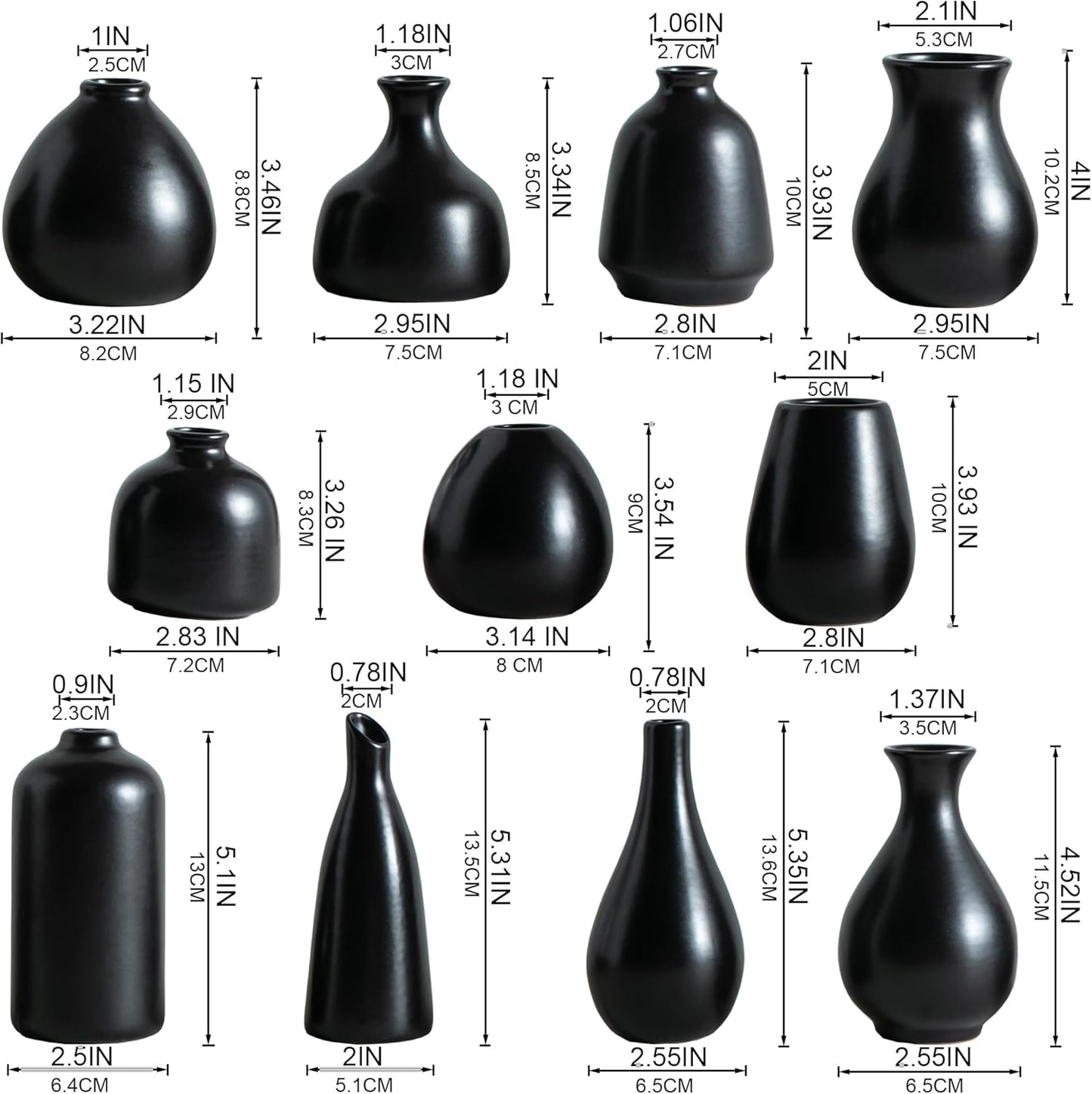 JOJUNO Black Bud Vases, Small Ceramic Vase Set of 11, Mini Pottery Vases for Flowers, Decorative Pieces for Home Modern Decor, Boho Decor, Chic Accents for Living Room Dining Table Shelves