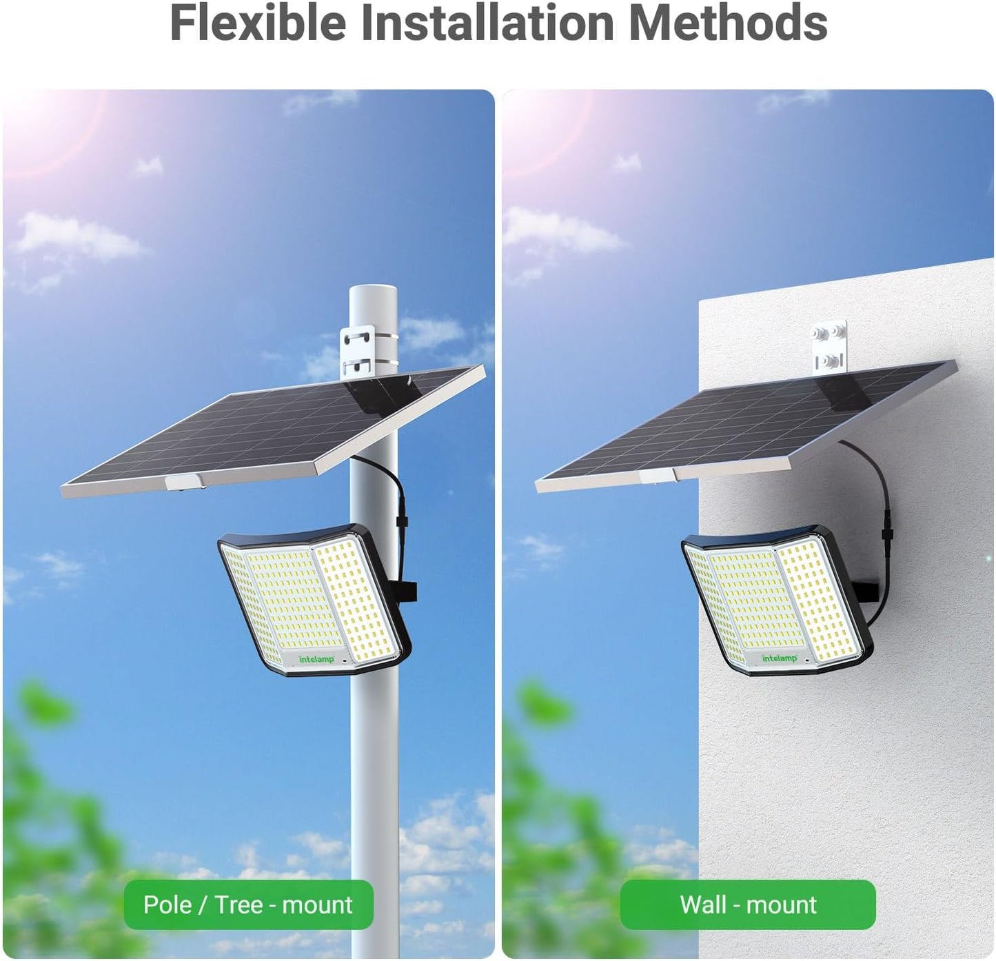 intelamp Solar Flood Lights Outdoor Waterproof, 20000mAh 2000LM Floodlight Exterior with Remote 16.4 FT Cable, 2-12H Timer Dusk to Dawn Security Spots Lighting Outside for Garden Pathway