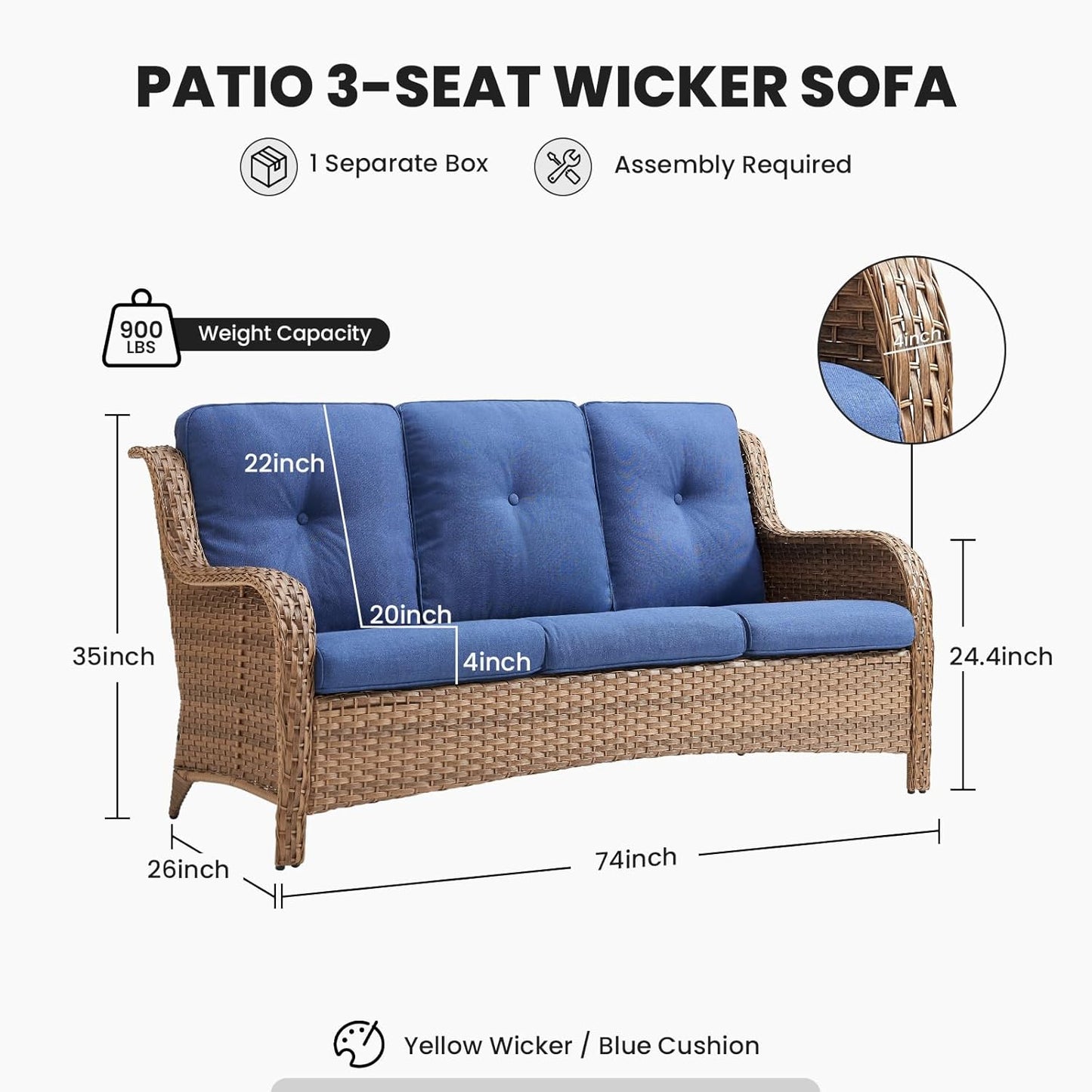 Outdoor Couch Wicker Patio Sofa - 75Inch Rattan Sofa with Hight Backrest Wide Armrest, All Weather Outdoor 3 Seater Seating Wicker Couch for Balcony Proch Deck Backyard Yellow/Blue