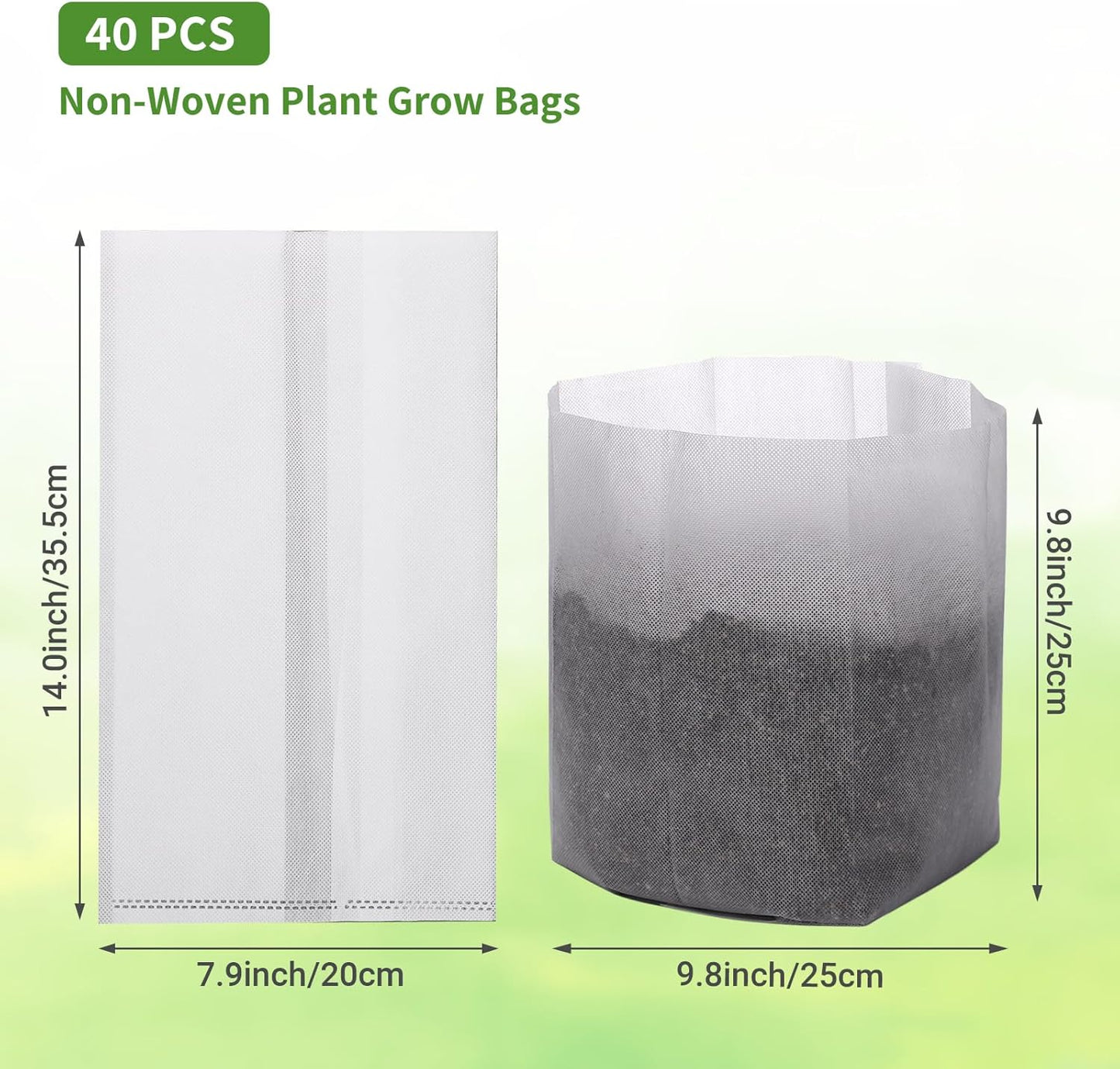 GREANER Plant Nursery Bags, 40 PCS 15.7""x14.2"" Garden Bags to Grow Vegetables, Non-Woven Biodegradable Plant Pots for Gardening Seed Plant Bag, Potato, Flower, Tomato Plant Starts, White
