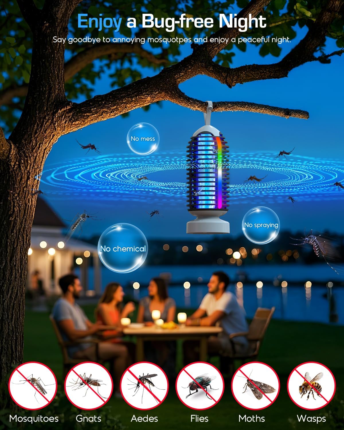 (2 Pack) Bug Zapper Outdoor with Marquee Light, Cordless Mosquito Zapper, 4000mAh Rechargeable Bug Zapper Indoor, Auto On/Off Waterproof Mosquito Trap Fly Zapper for Patio Backyard Kitchen Camping