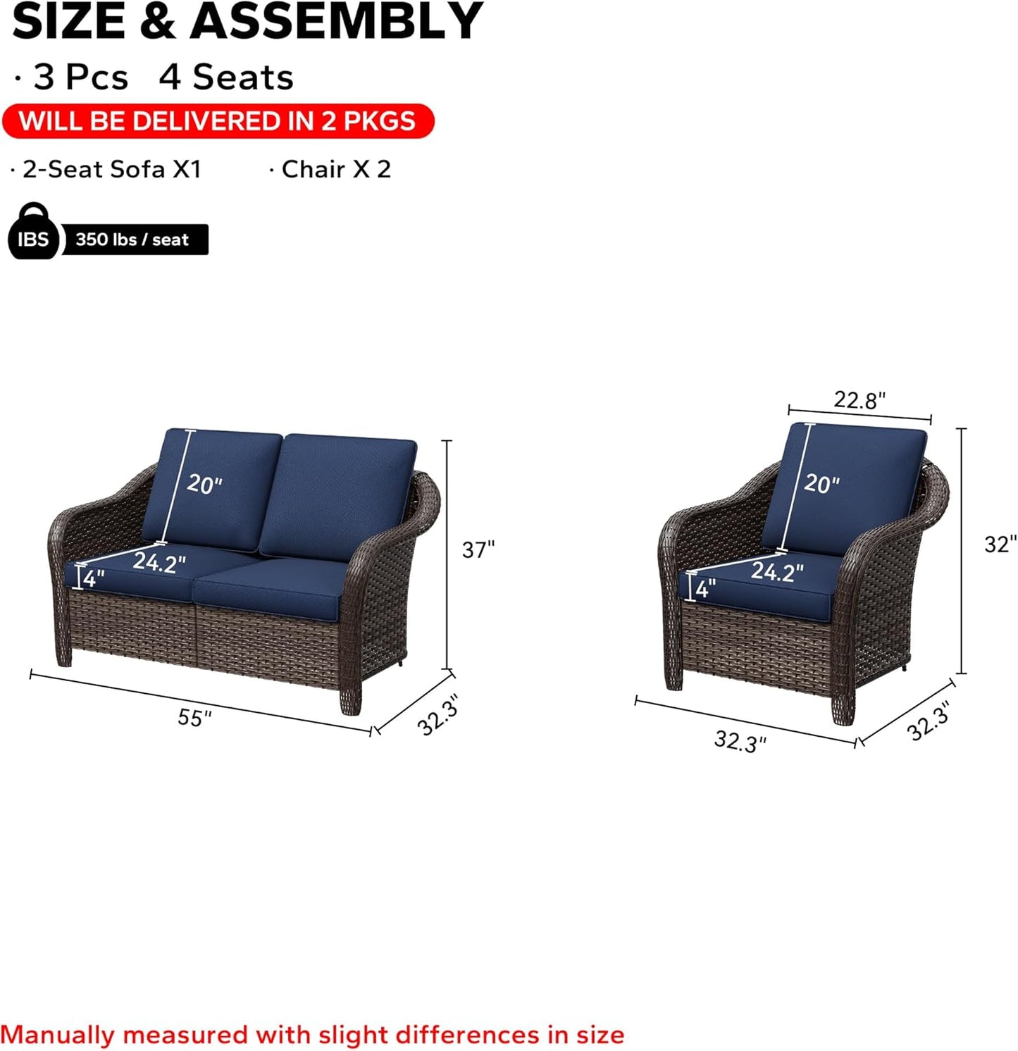 3 Pieces Outdoor Patio Conversation Set, 55" Couch, 2 Chairs, Rattan Wicker Conversation Furniture with Removable Cushions for Bistro, Deck (Navy Blue)