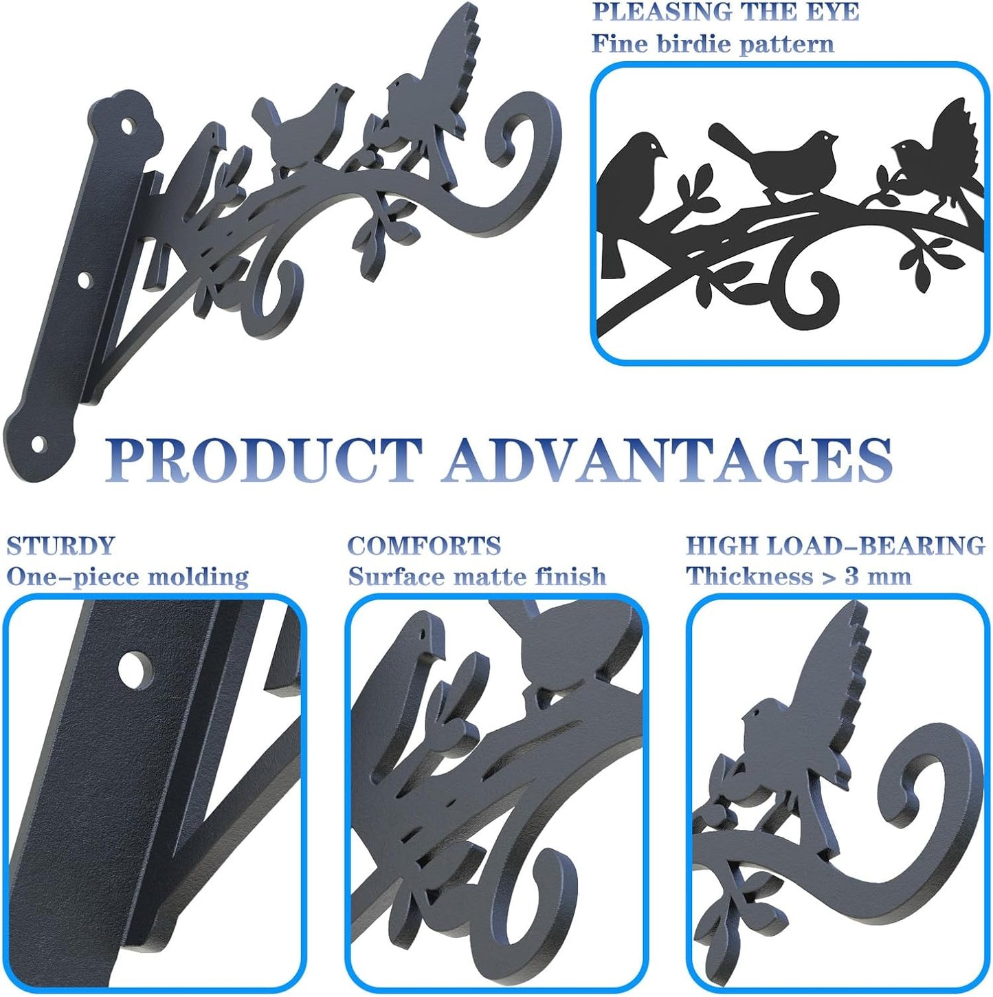 Metal Hanging Plant Bracket with Birdie Pattern 2 Pack – Heavy Duty Plant Hooks for Hanging Flower Baskets，Plants, Bird Feeder, Wind Chime - Indoor/Outdoor Use，Black Matte Texture (12 in)