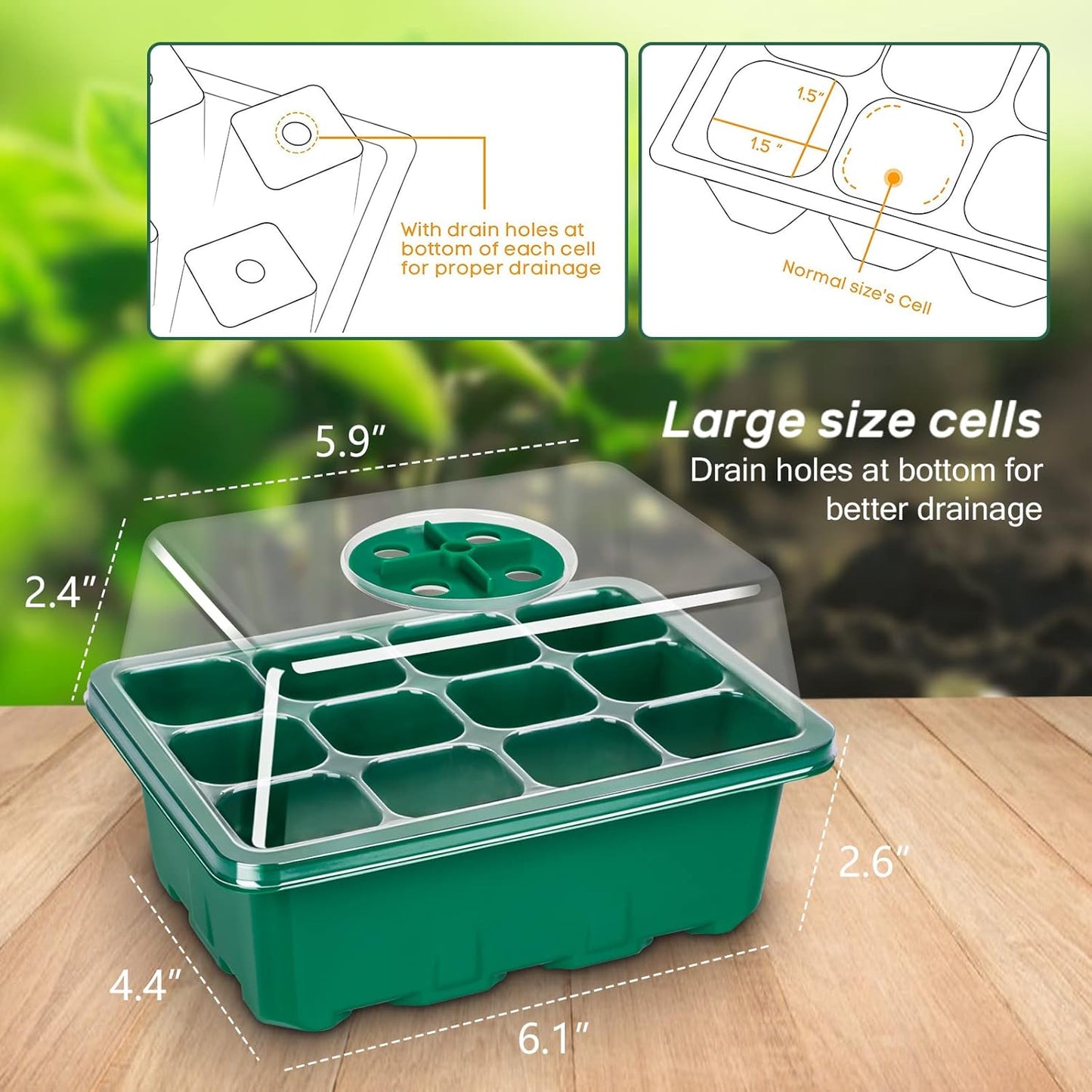 Bonviee 5-Pack Seed Starter Trays, Seed Starter Kit with Adjustable Humidity Dome and Base Indoor Greenhouse Mini Propagator for Seeds Growing Starting (12 Cells Per Tray, Green)
