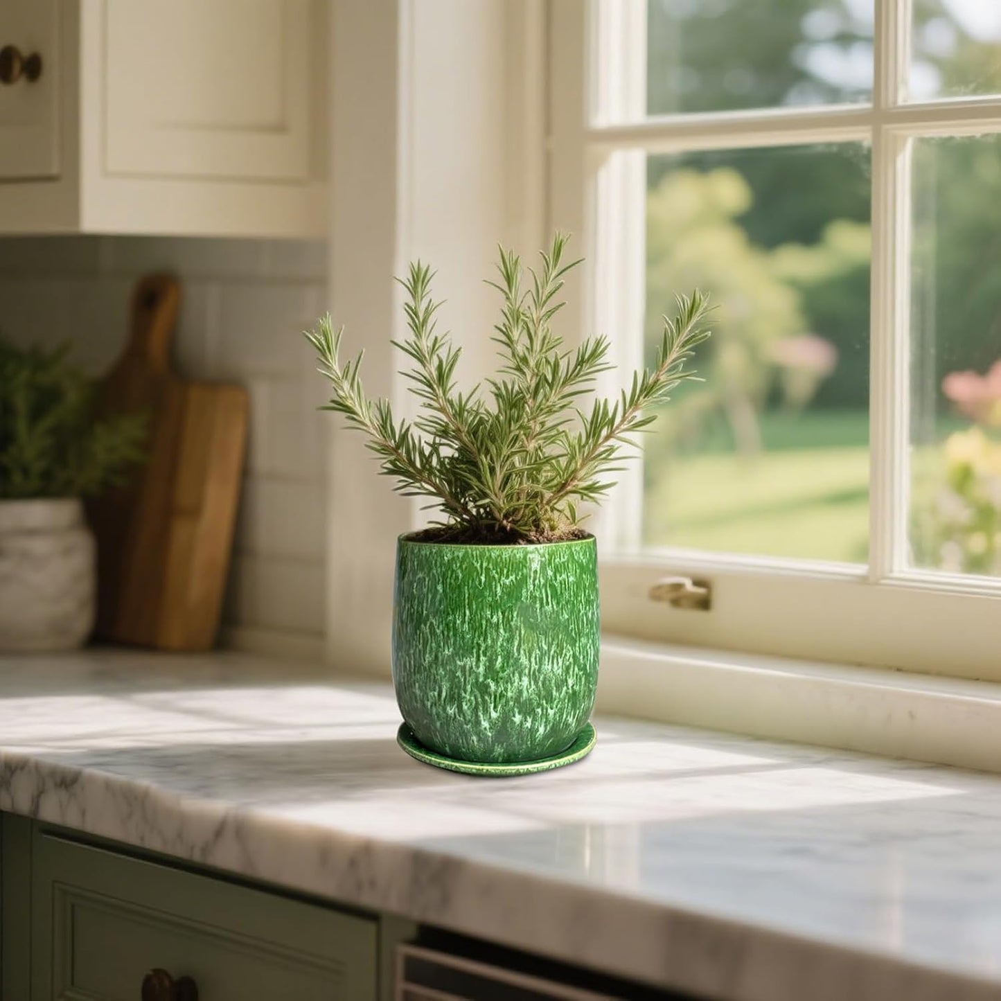 6 in Ceramic Plant Pot with Saucer，Indoor Plant Pot for Plants, Flower Pot with Drainage，Reactive Glaze Green