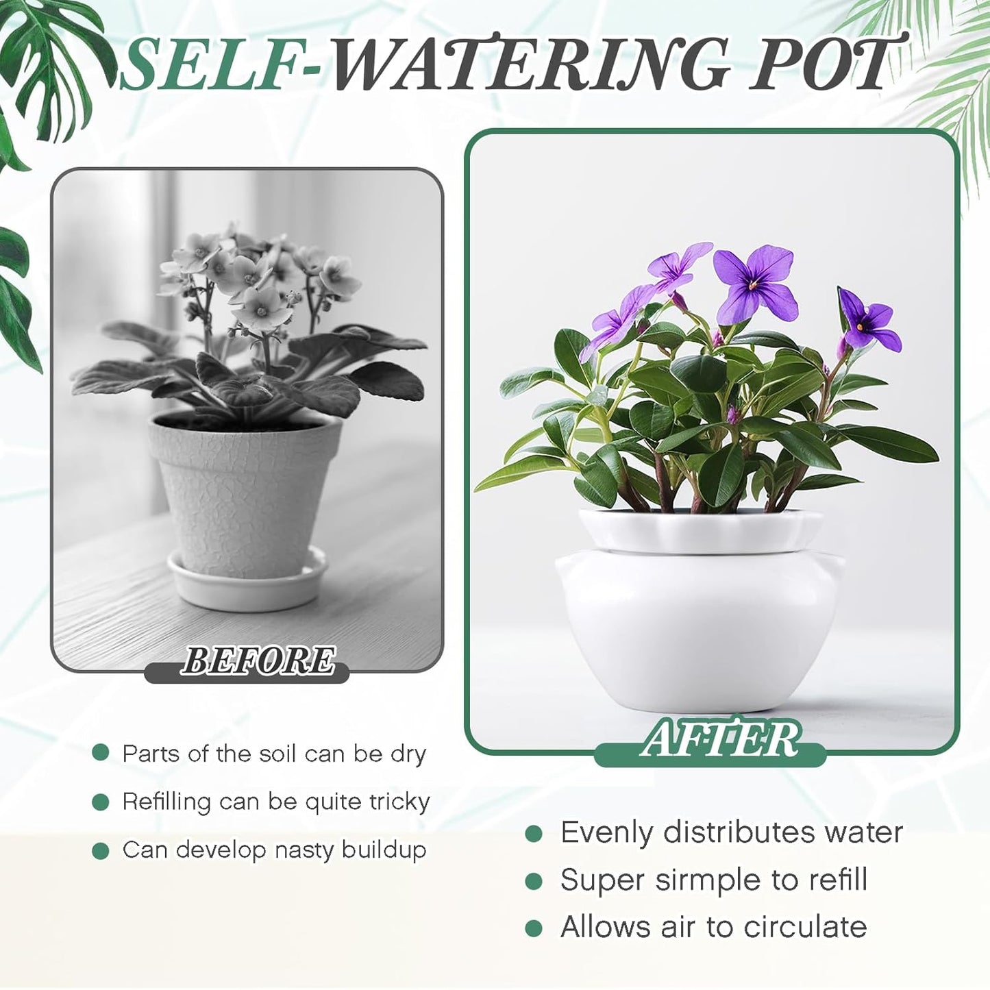 1 Set 7.5 Inches African Violet Pots Self Watering White Ceramic Pot for Indoor Plants, Flowerpot with Highly Absorbent Inner Pot for Busy Plant Lovers, Plant Care