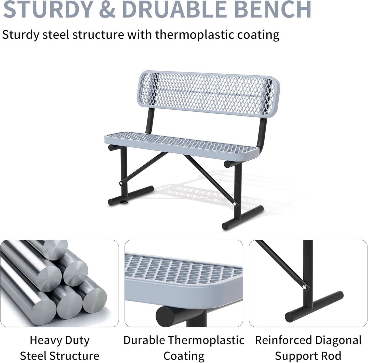 4/6/8 Feet Park Bench for Outside Heavy Duty Metal, Garden Benches Outdoor Bench with Backrest & Portable Frame, for Shopping Malls Stores Parks Patios Decks, Grey