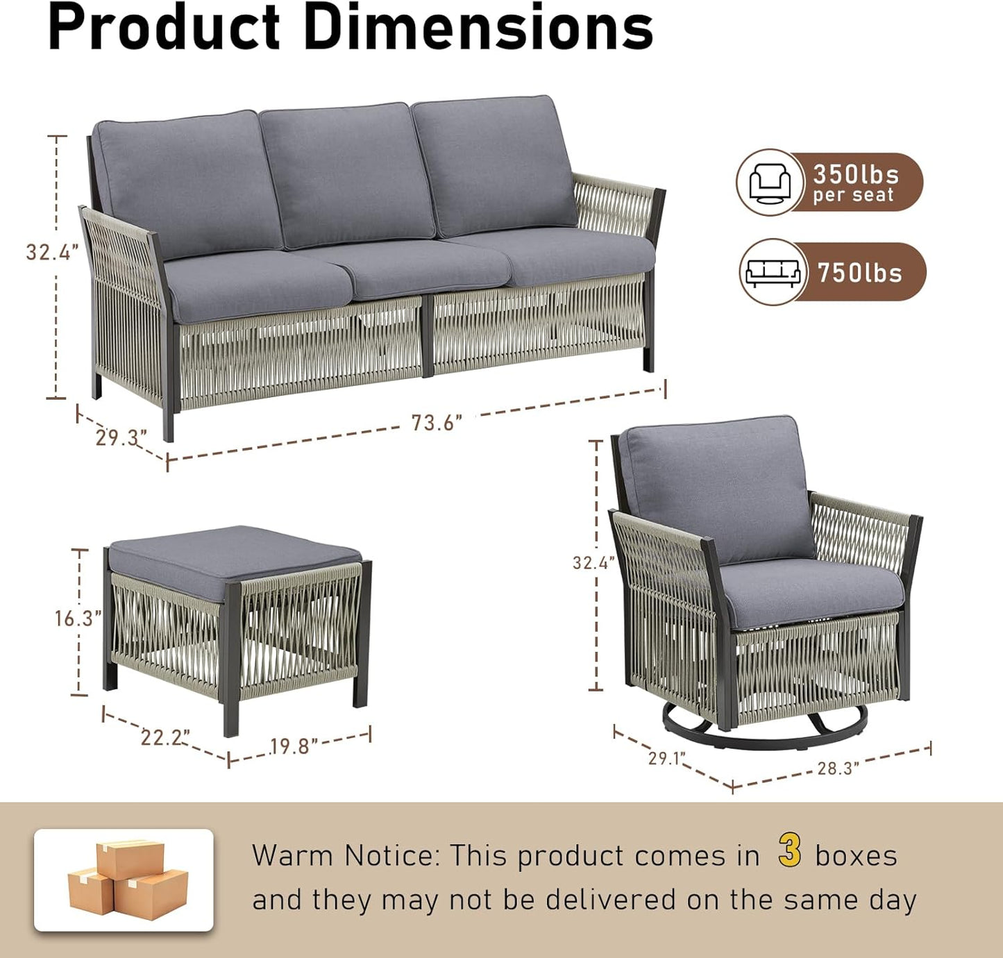 Patio Furniture Wicker Outdoor Conversation Set, 5-Piece All Weather Patio Furniture Rattan Rocking Sets w/Removable Cushions & Ottomans for Backyard, Balcony, Deck, Dark Grey