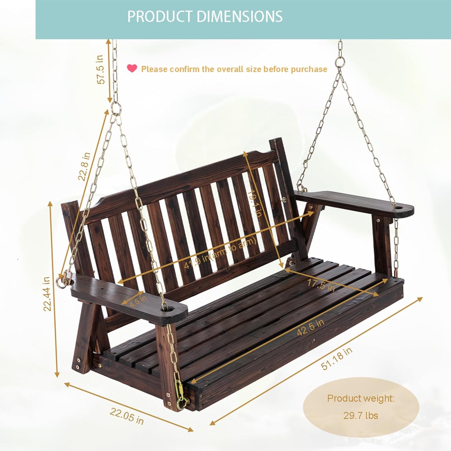 Anraja Wooden Porch Swing 2-Seater, Bench Swing with Hanging Chains, Heavy Duty 800 LBS, for Outdoor Patio Garden Yard, 4 Ft, Brown