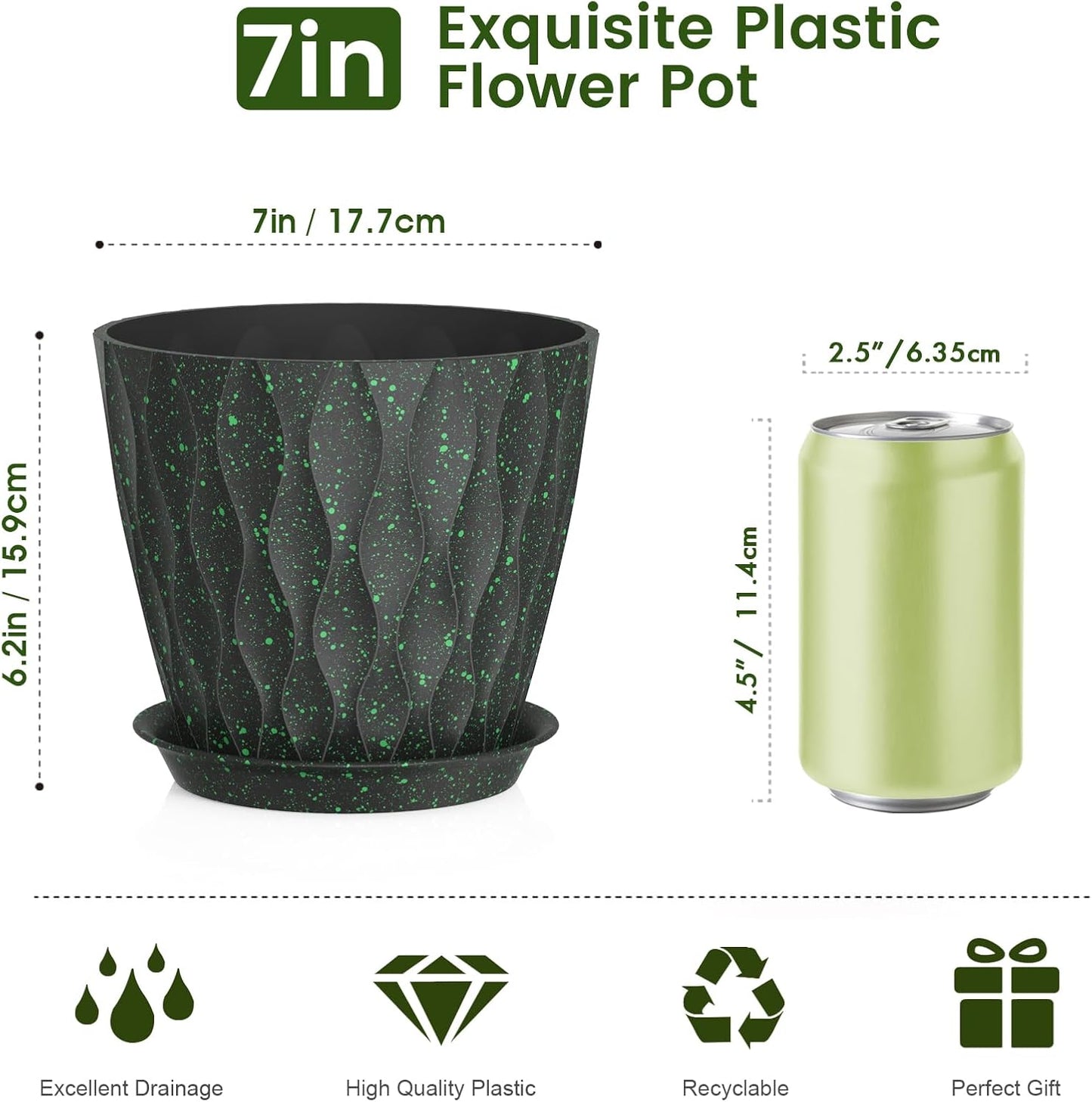 7 inch Plant Pots for Indoor Outdoor Plants, 5 Pack Thick Flower Pots with Drainage Holes and Saucers, 3D Modern Wave Texture Plastic Planter Nursery Pots, Black with Green Speckles