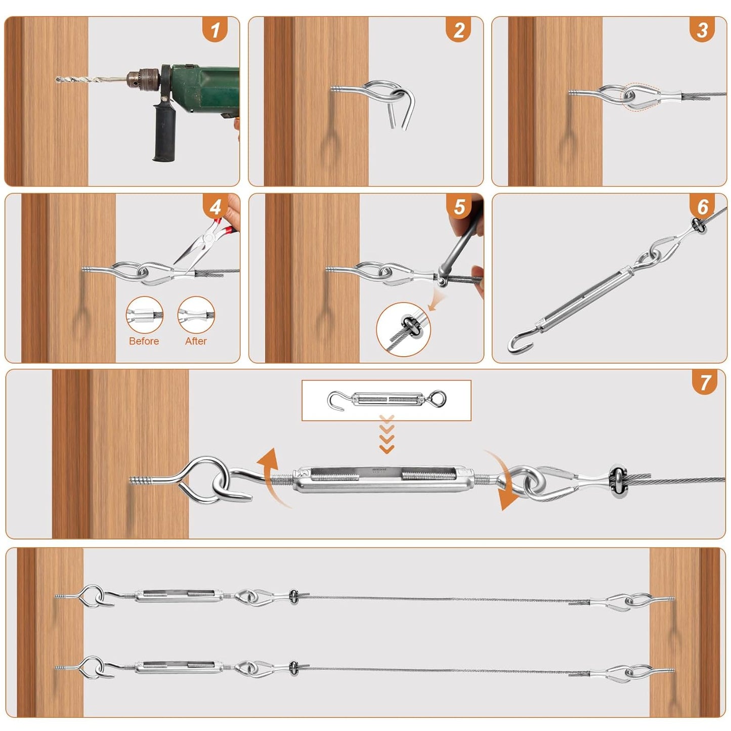 1/8" Vinyl Coated Wire Rope Kit with Work Gloves, 300FT Stainless Steel String Light Hanging Kit with Turnbuckle,7x7 Strand 920LB Strength Clothes Line Cable for Outdoor, Crafts, Garden