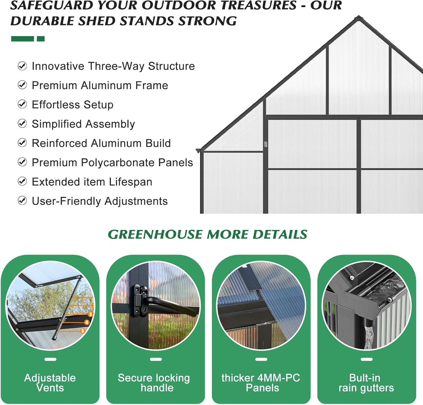 10'x10'x20' Snap-Together Greenhouse - Easy 3-Way Connectors, Heavy-Duty Aluminum Frame, Wind/Snow Resistant for Gardening/Urban Farming, Includes Sliding Door & Ventilation Windows