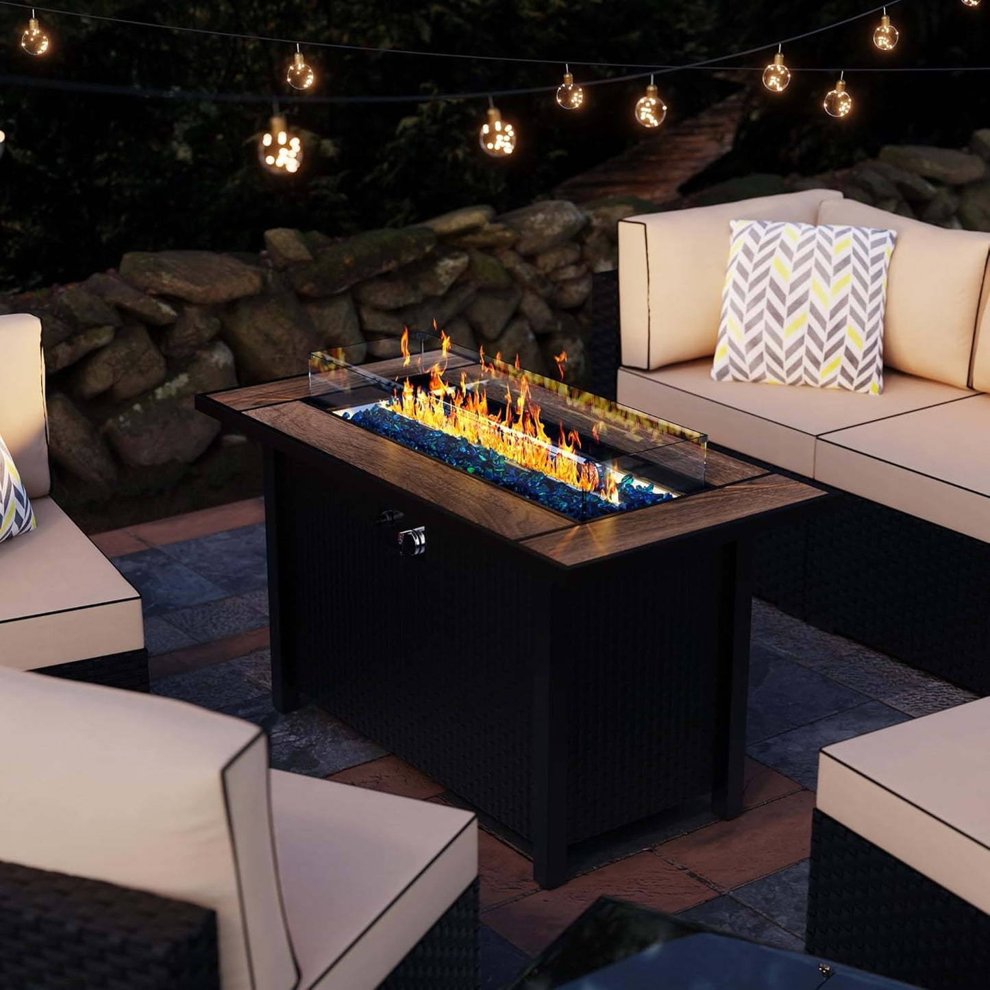 Meilocar 45in Fire Table, Propane Fire Pit with Glass Wind Guard and Rain Cover, Outdoor Firepit Table 50000 BTU 3-in-1 Fire Table for Patio/Yard/Balcony, Walnut Tabletop