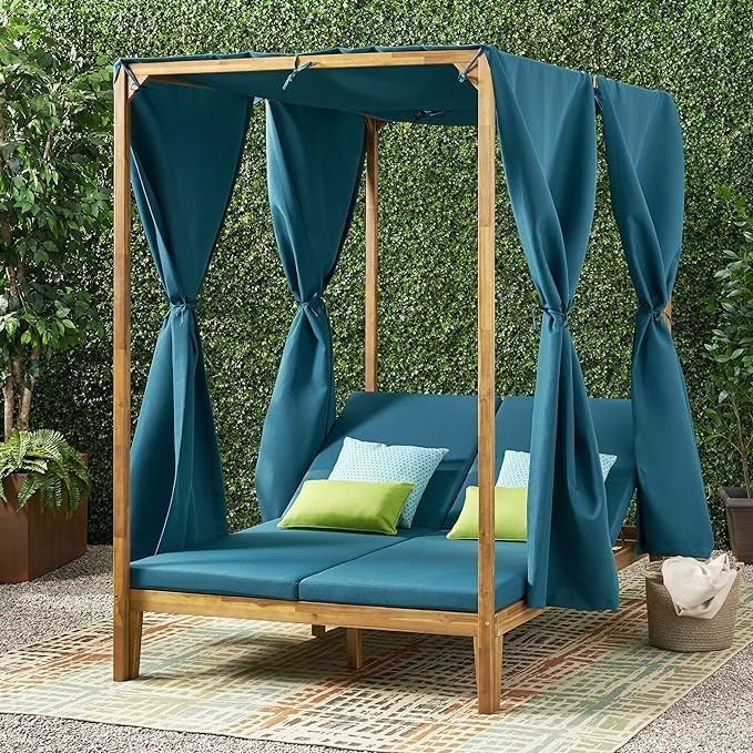 kevinplus Outdoor Patio Sunbed Daybed with Adjustable Reclining Chaise Lounge & Water-Resistant Canopy & Curtain, Solid Wood Construction, Blue