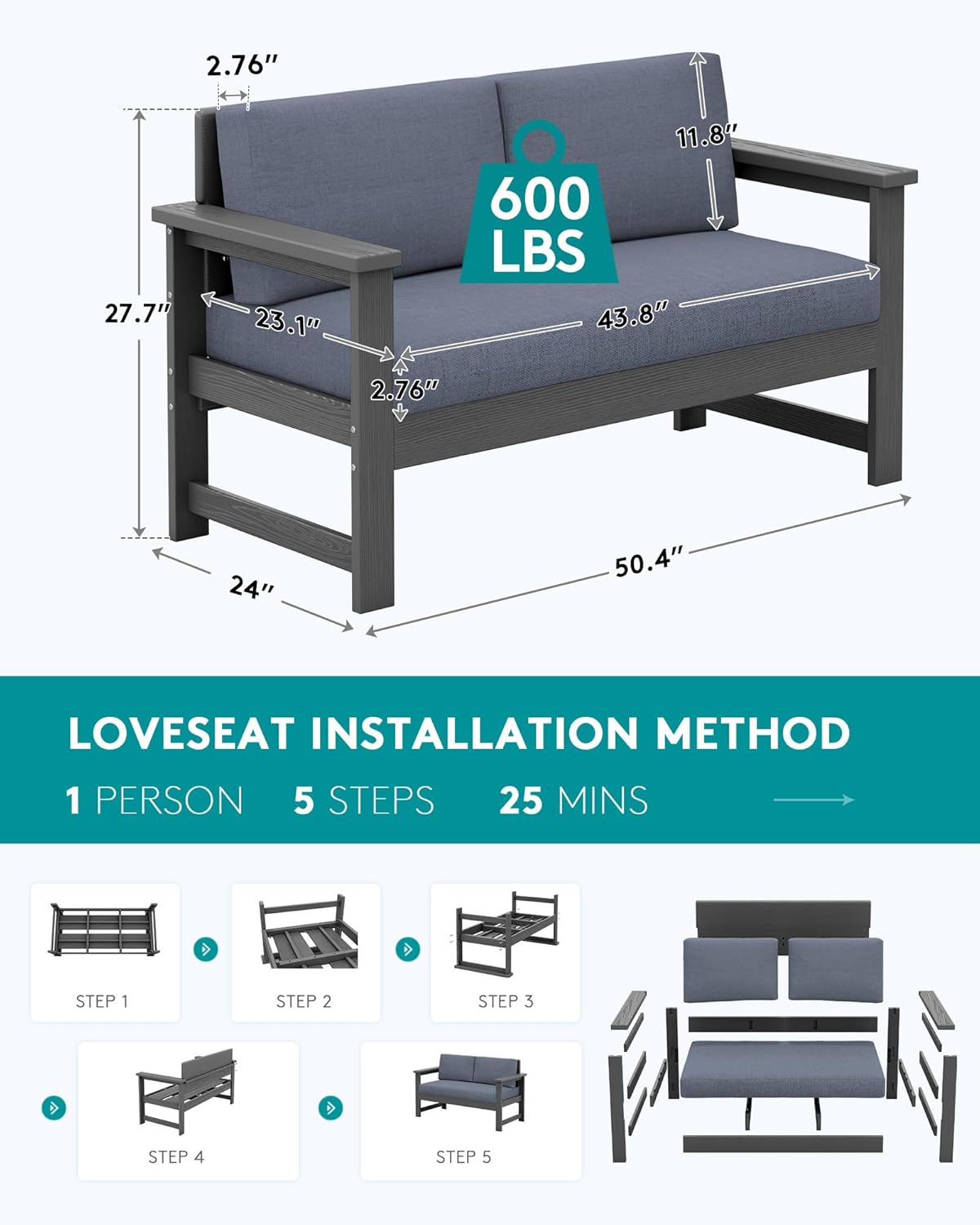 SERWALL HDPE Outdoor Loveseat Couch with Cushions, All Weather Use Outdoor Loveseat Sofa, Grey Frame with Grey Cushions