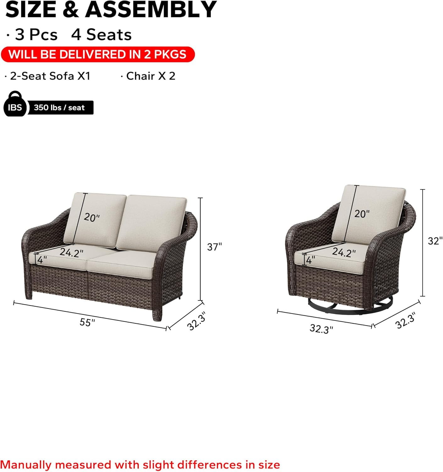 3 Pieces Patio Conversation Set, 55" Sofa with Washable Cushions, Wicker 360 Degree Swivel Glider Rocker Chairs, Wicker 2-Seat Couch for Garden, Lawn (Beige)