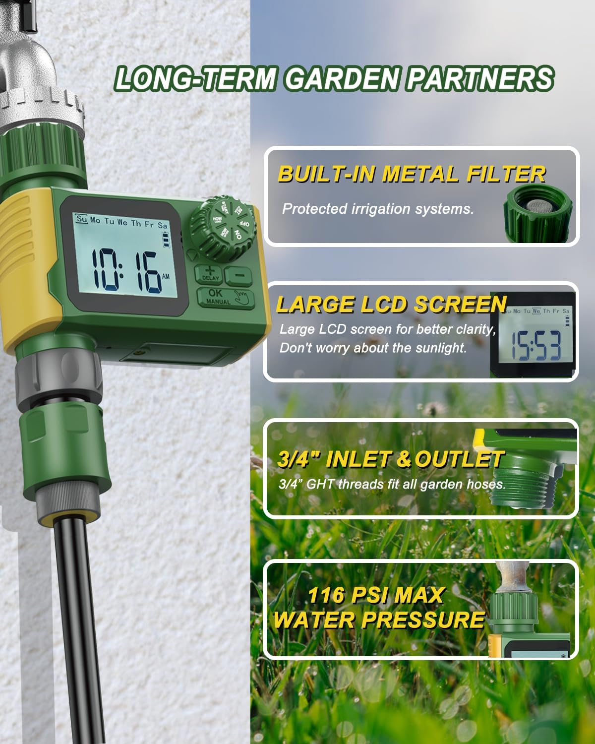Programmable Sprinkler Timer, Irrigation Water Timer with Digital for Garden Soaker Hose, Rain Delay/Manual/Automatic Watering System for Outdoor, Yard, Lawn, 1 Outlet Green/Yellow