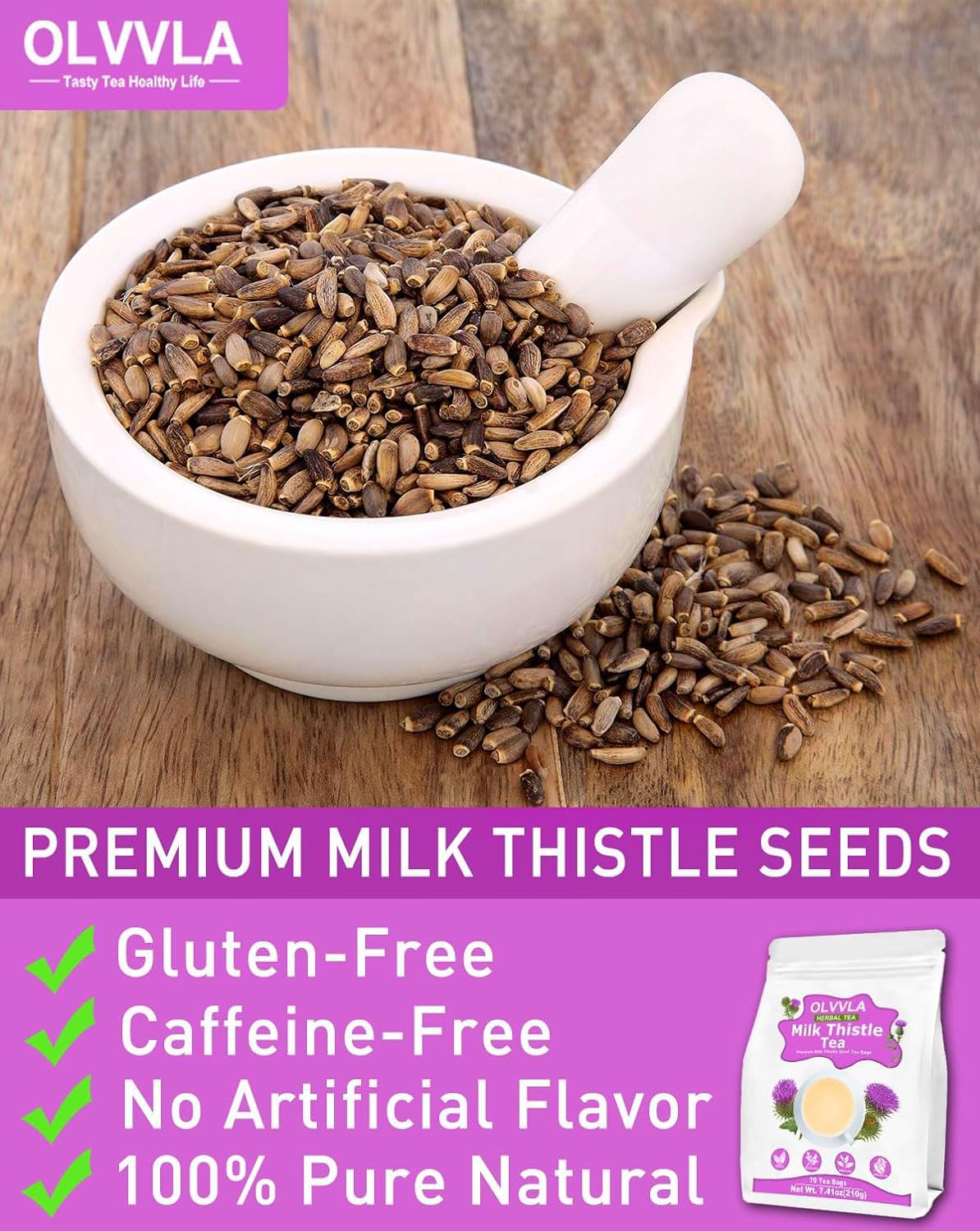 Olvvla - Premium Milk Thistle Tea Bags - 3g X 70 Count - 100% Pure Natural Milk Thistle Seed Herbal Tea - Caffeine-free - Non-GMO