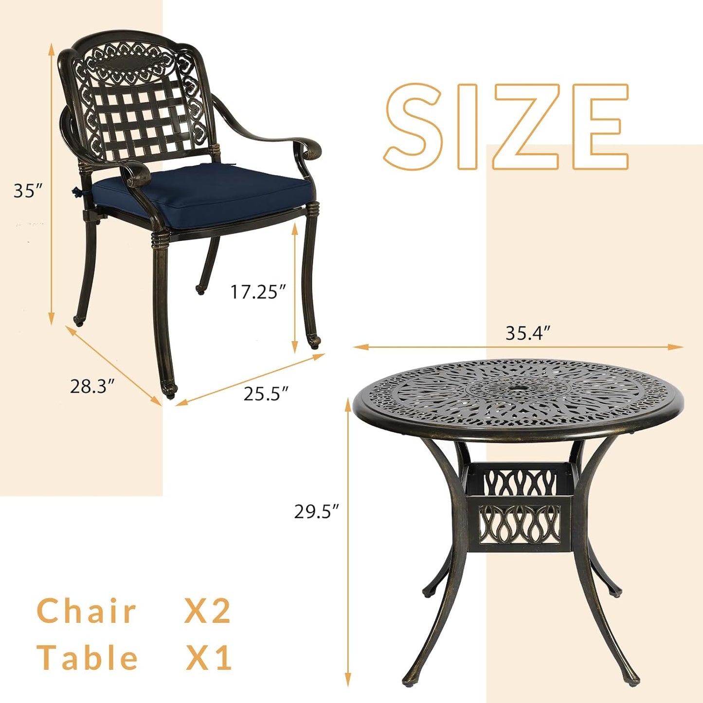 3-Piece Outdoor Patio Dining Set, All-Weather Cast Aluminum Patio Furniture Set for Backyard Garden Deck with 2 Cushioned Chairs and 35.4” Round Table, 2" Umbrella Hole, Navy Blue