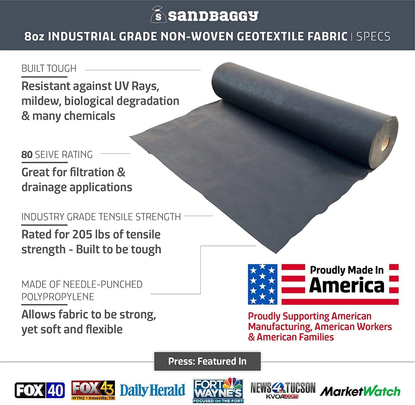Sandbaggy Geotextile Pond Underlayment Padding | Made in USA | 50 YEAR Life* | Non Woven Fabric Protects Pond Liner From Damage | Made of Industrial Grade DOT Approved Fabric (10 ft x 15 ft or 150 sq ft)