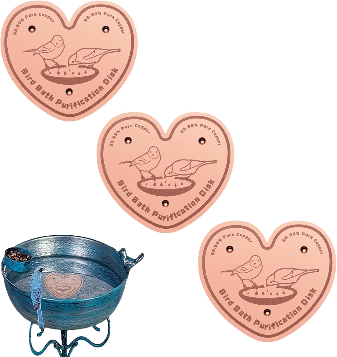 3-Pack 99.99% Pure Copper Bird Bath Purification Disk,Copper Disc with Stable Triple-Point Support,Fits All Outdoor Bird Baths(Heart-Shaped)