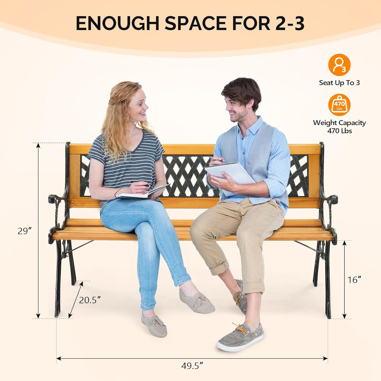 VINGLI Outdoor Bench Metal Garden Bench, Wood Patio Benches w/PVC Backrest Cast Iron Love Seat Park Benches for Porch Yard (Diamond)