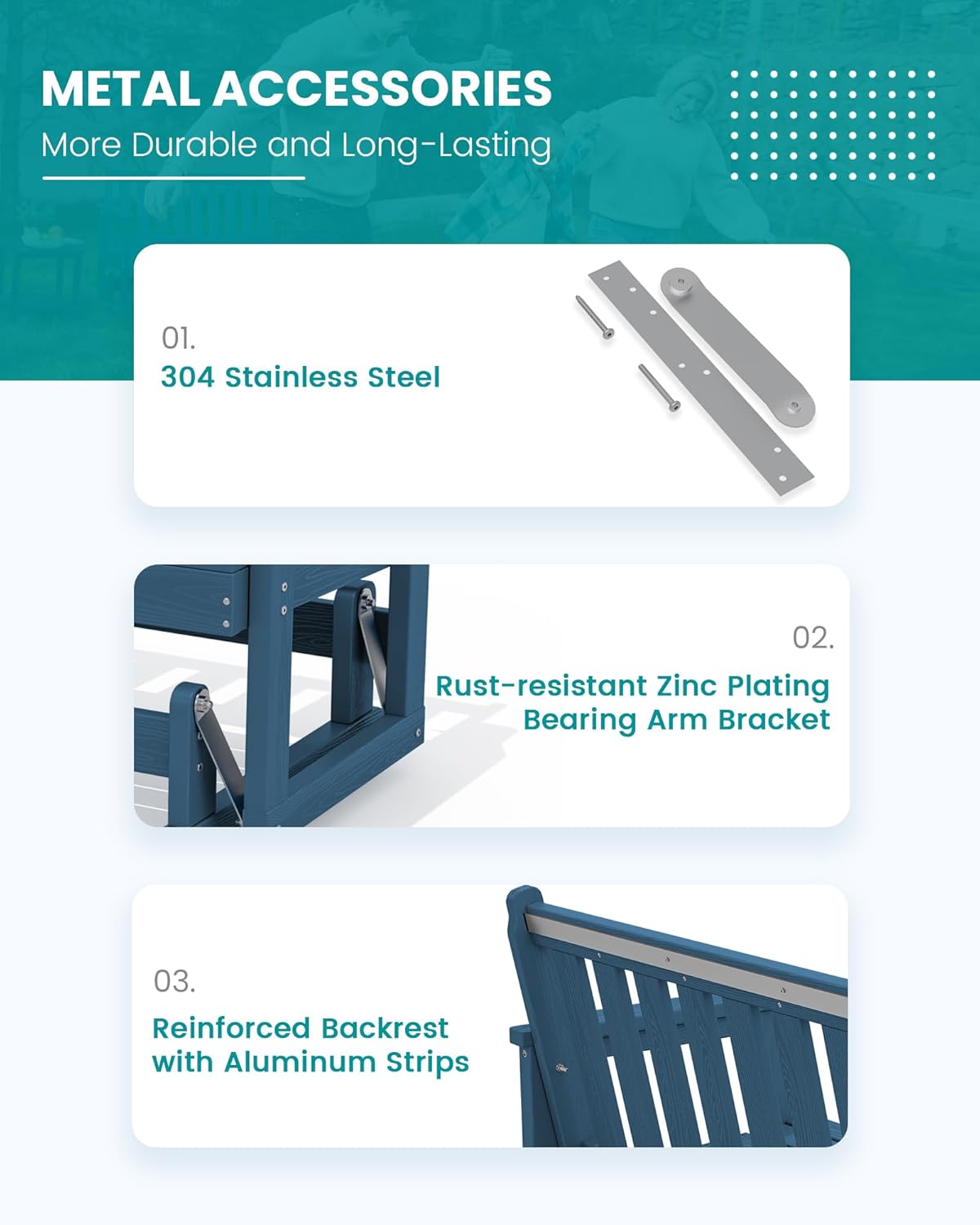 SERWALL Outdoor Glider Bench Set of 2, HDPE Weather-Resistant Swinging Bench for Backyard Garden Porch, Navy Blue