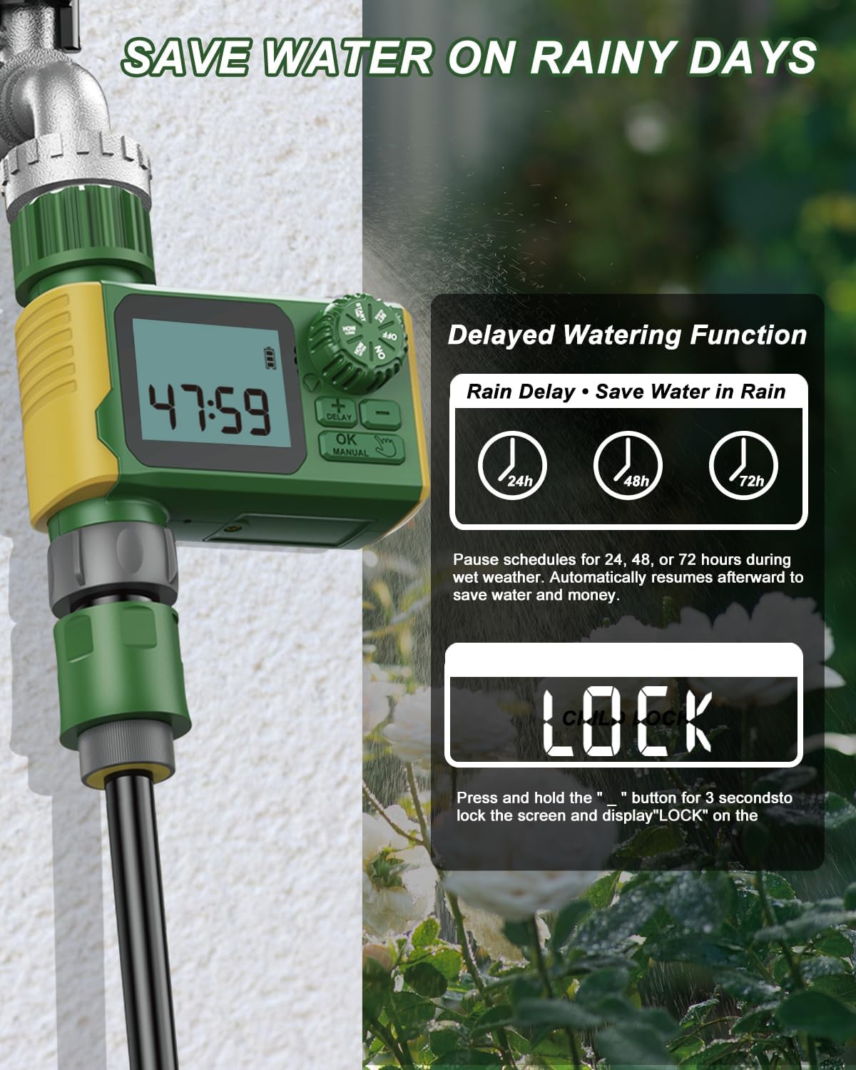 Programmable Sprinkler Timer, Irrigation Water Timer with Digital for Garden Soaker Hose, Rain Delay/Manual/Automatic Watering System for Outdoor, Yard, Lawn, 1 Outlet Green/Yellow