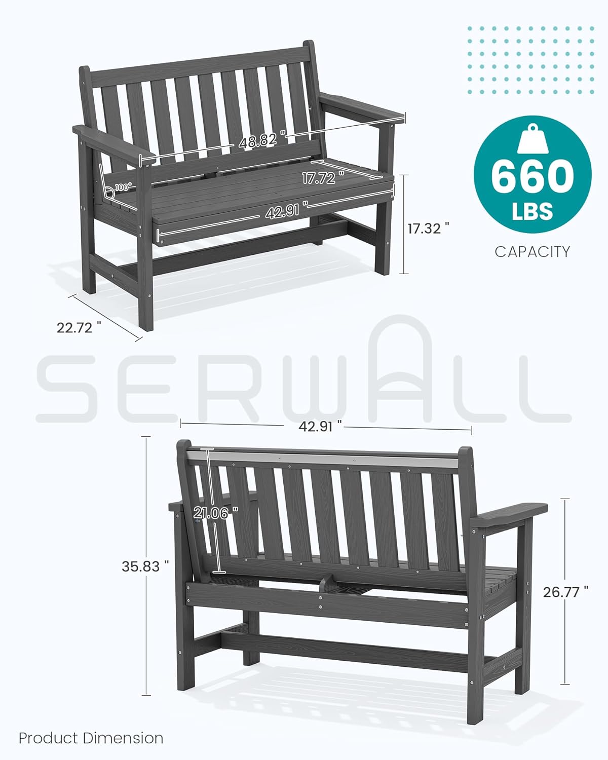 SERWALL Outdoor Bench, HDPE Outdoor Benches Weatherproof, 2-Person Garden Bench with 660 lbs Weight Capacity, Patio Benches for Outdoors, Garden, Porch, Backyard and Park, Grey, 2 Pack