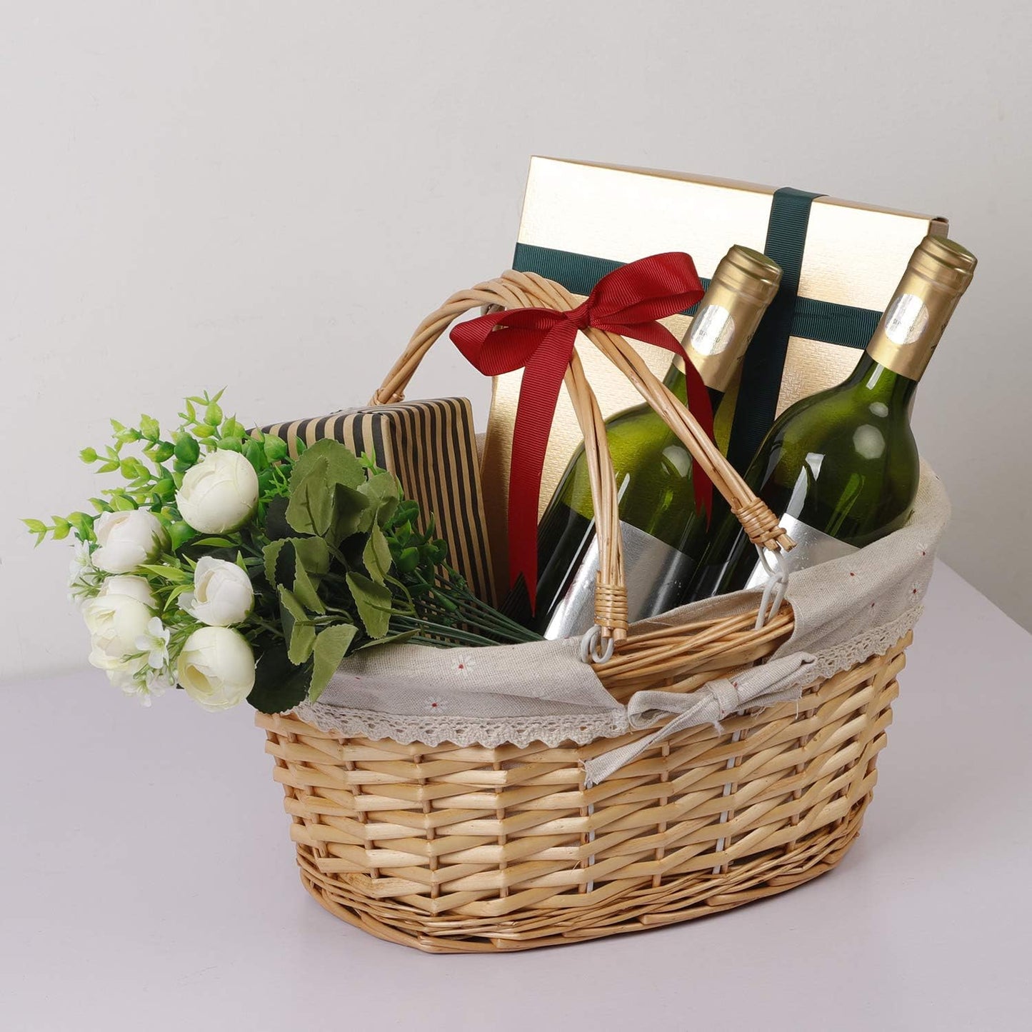 KINJOEK Wicker Woven Basket, 14 x 11 x 6.7 Inch Multipurpose Willow Basket with Handle Premium Linen Cotton Cloth Lining for Storage and Decoration, Natural