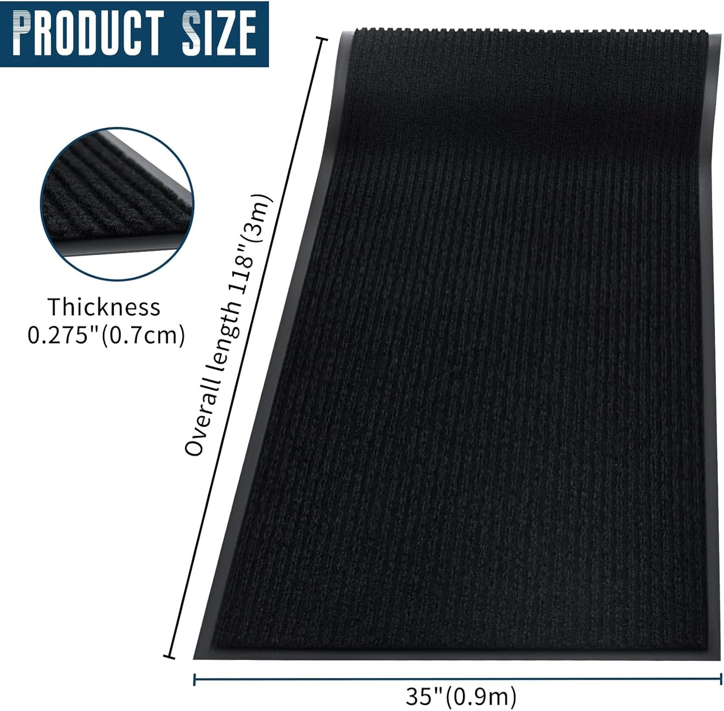 Rubber Door Mat About W3' ×L10' Heavy Duty Large Outdoor Indoor Mat Durable Entrance Doormat Waterproof Rubber Back Rugs for Home Entryway Patio Porch Office Business Areas (Jet Black)
