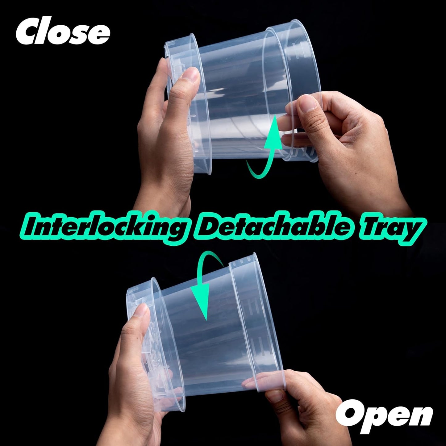 6 Inch Clear Plastic Plant Pot with Drainage Holes, Interlocking & Detachable Tray - Deep Saucer - Durable BPA-Free Plastic, Transparent Design, Raised Base for Airflow, Set of 12, 92-X-B-5