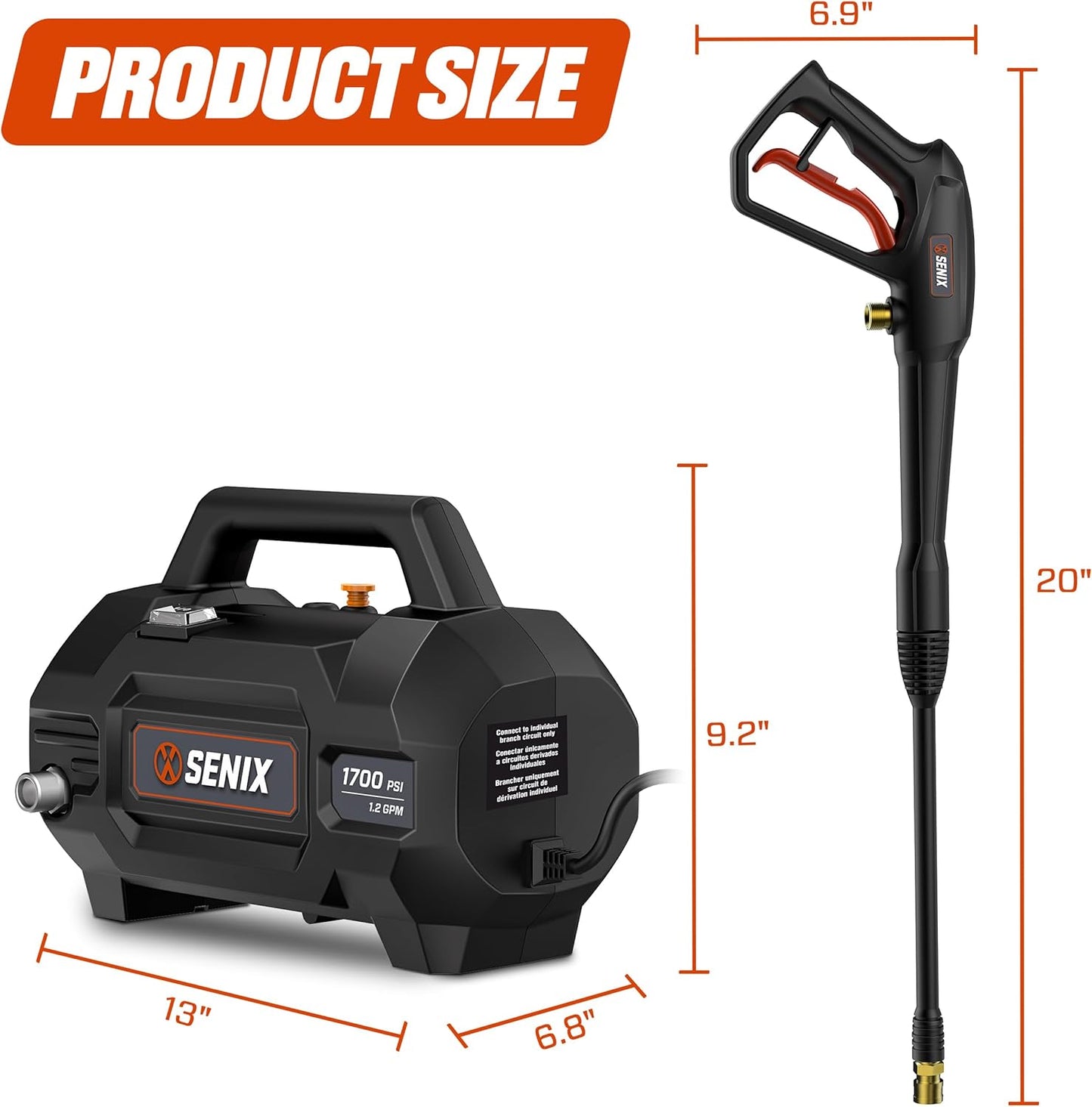 SENIX 13 Amp Electric Pressure Washer - 2100 PSI MAX, 1.2 GPM, Compact with Foam Cannon, Spray Gun, 20-ft Hose, Turbo Nozzle, and 15° Spray Nozzles - Perfect for Cars and Driveways