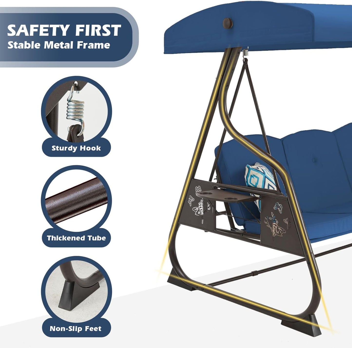 3-Seat Patio Porch Swing 800LBS Outdoor Swing with Stand w/Canopy & Adjustable Backrest Patio Glider Chair w/Removable Pillows & Foldable Side Tray for Balcony Garden Deck (Blue)