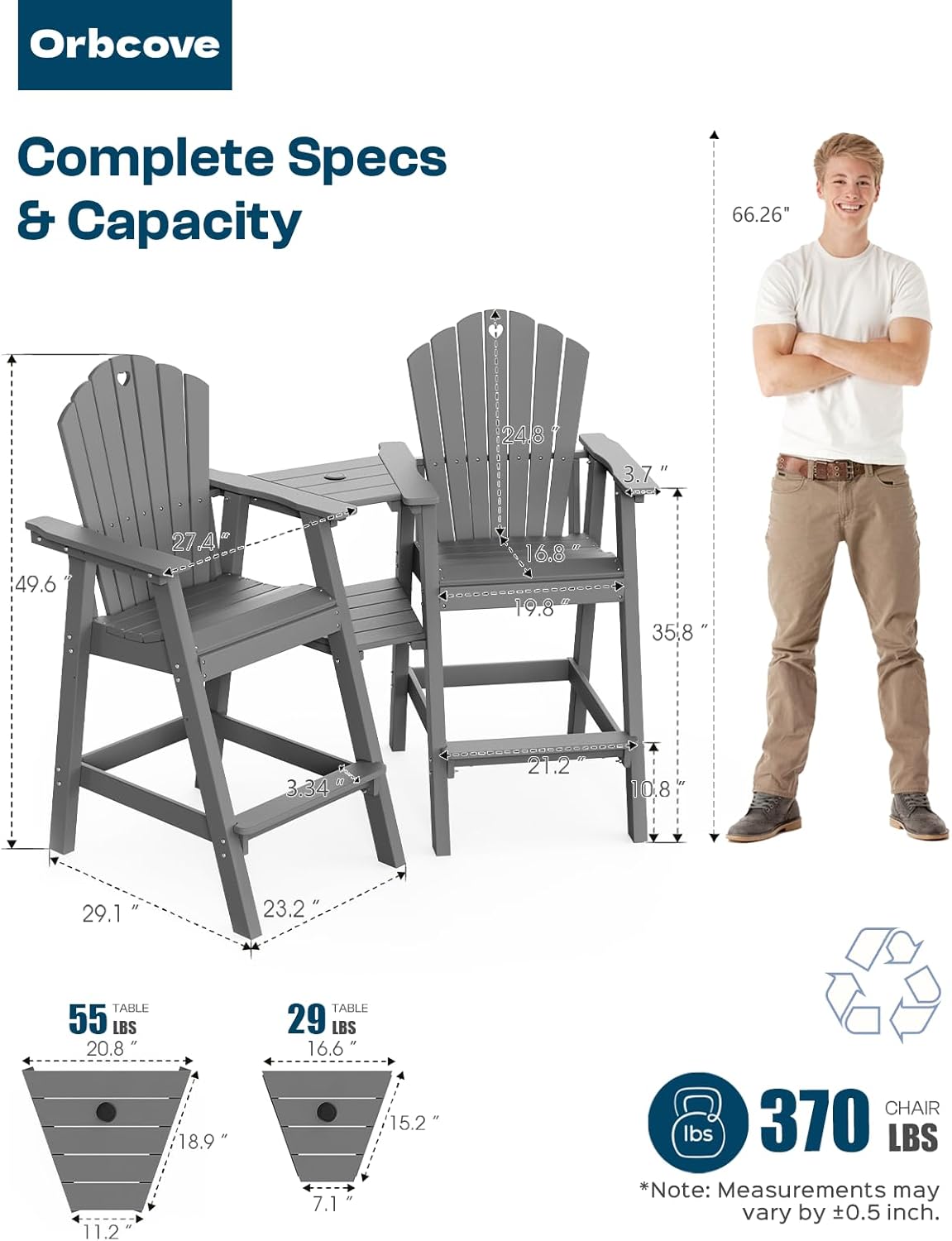 Tall Adirondack Chairs Set of 2 with Double Layer Connecting Table, HDPE Bar Height Outdoor Table and Chairs with Umbrella Hole, All Weather Outdoor Bar Stools for Patio, Deck, Backyard (Grey)